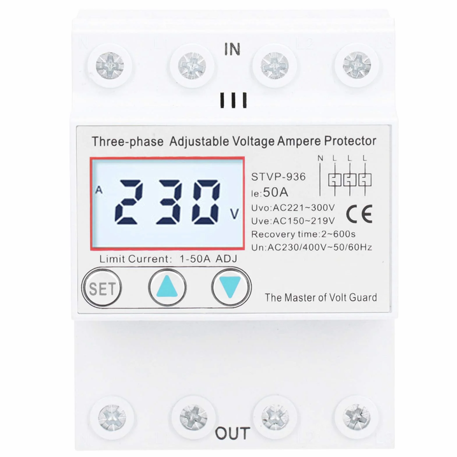 STVP936 Regulowane Zabezpieczenie Napięciowe, Wielofunkcyjny Wyświetlacz LCD, 3-fazowe Samoresetowanie, Przepięcie, Zabezpieczenie Podnapięciowe, Zabezpieczenie Nadprądowe, (50A)