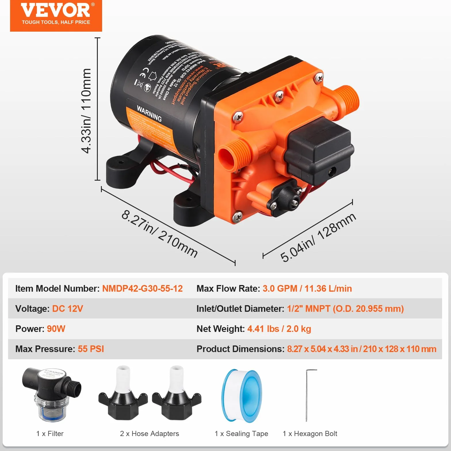 VEVOR Pompa membranowa 12 V, 3 GPM 11,36 l/min, 4-komorowa pompa wodna 12 V DC z automatycznym wyłącznikiem ciśnienia 40 – 100 PSI, 55 PSI, port MNPT do kamperów, jachtów, kamperów, kamperów, łodzi