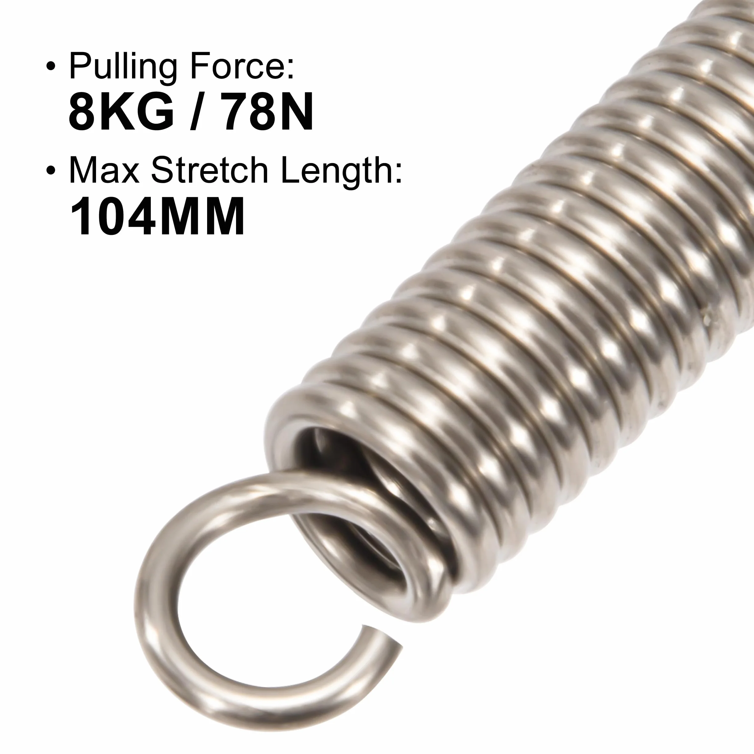 Sprężyny naciągowe 80 mm Sprężyna naciągowa Podwójny hak ze stali nierdzewnej Średnica drutu 1,6 mm Średnica zewnętrzna 10 mm Ciągnięcie 8 kg 4 sztuki