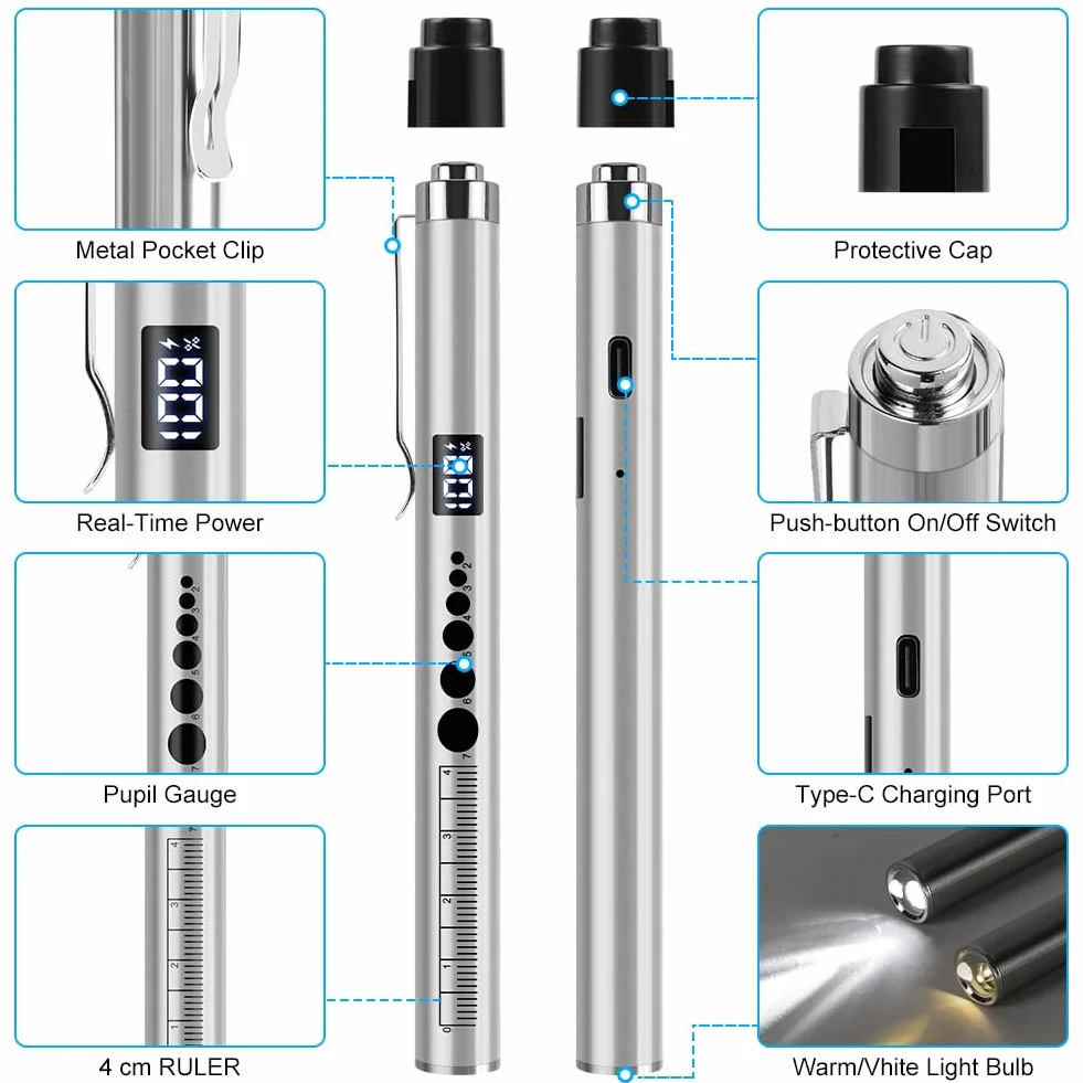 Flintronic Upillenleuchte Medizin, 1 sztuka Lampa diagnostyczna z wyświetlaczem cyfrowym, urządzenie do pomiaru źrenic i linijka, ładowana przez USB, latarka LED do oczu dla pielęgniarek i studentów