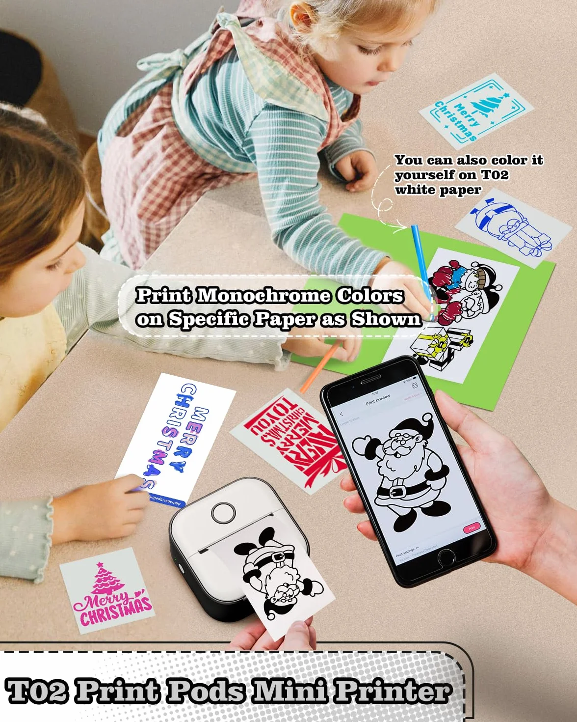 Print Pods Mini Printer T02 Przenośna Drukarka Termiczna Naklejek Bluetooth Kieszonkowa Czarna