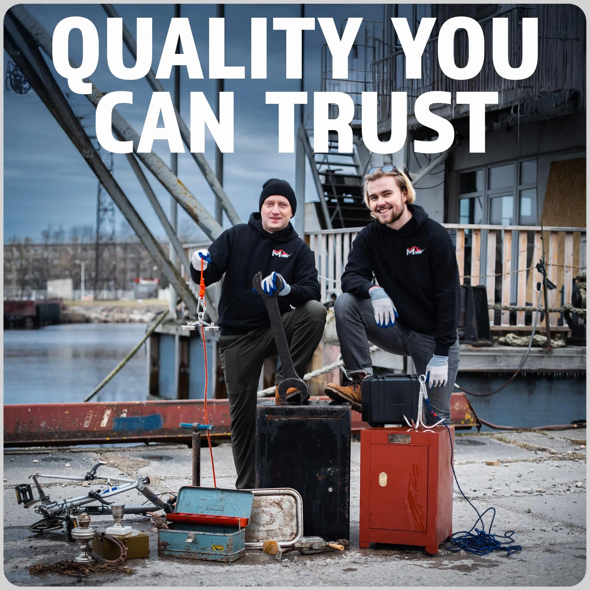MAGFISHION Dwustronny Zestaw do Magnetycznego Wędkarstwa - Siła Przyciągania 700KG (2x 350kg) - Ø94mm - Magnes Neodymowy - Z Ciemnopomarańczową Liną (20M) & Rękawice - Magnes Ryba