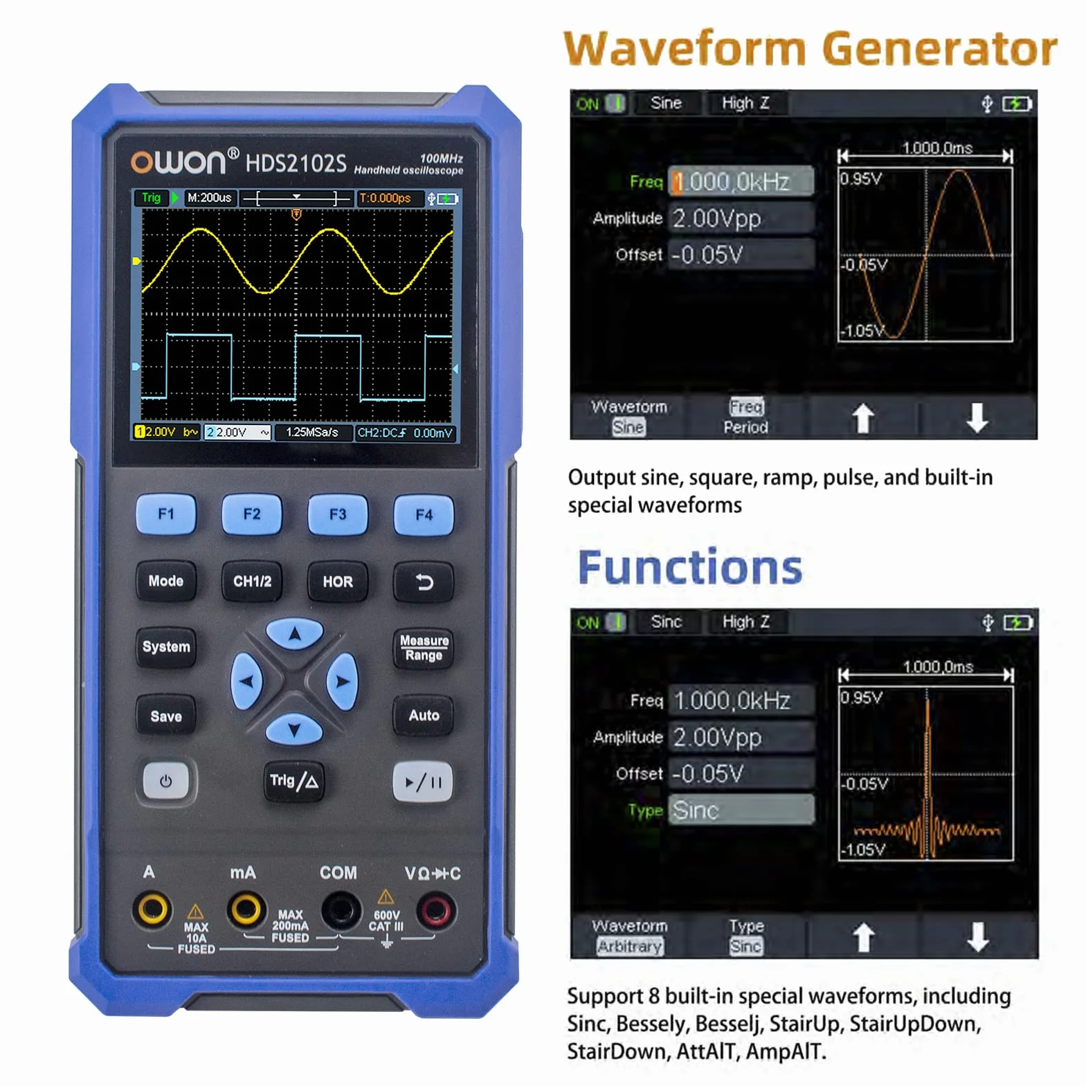 OWON HDS2102S 2-kanałowy oscyloskop ręczny 100 MHz multimetr OSC DMM generator kształtu fali