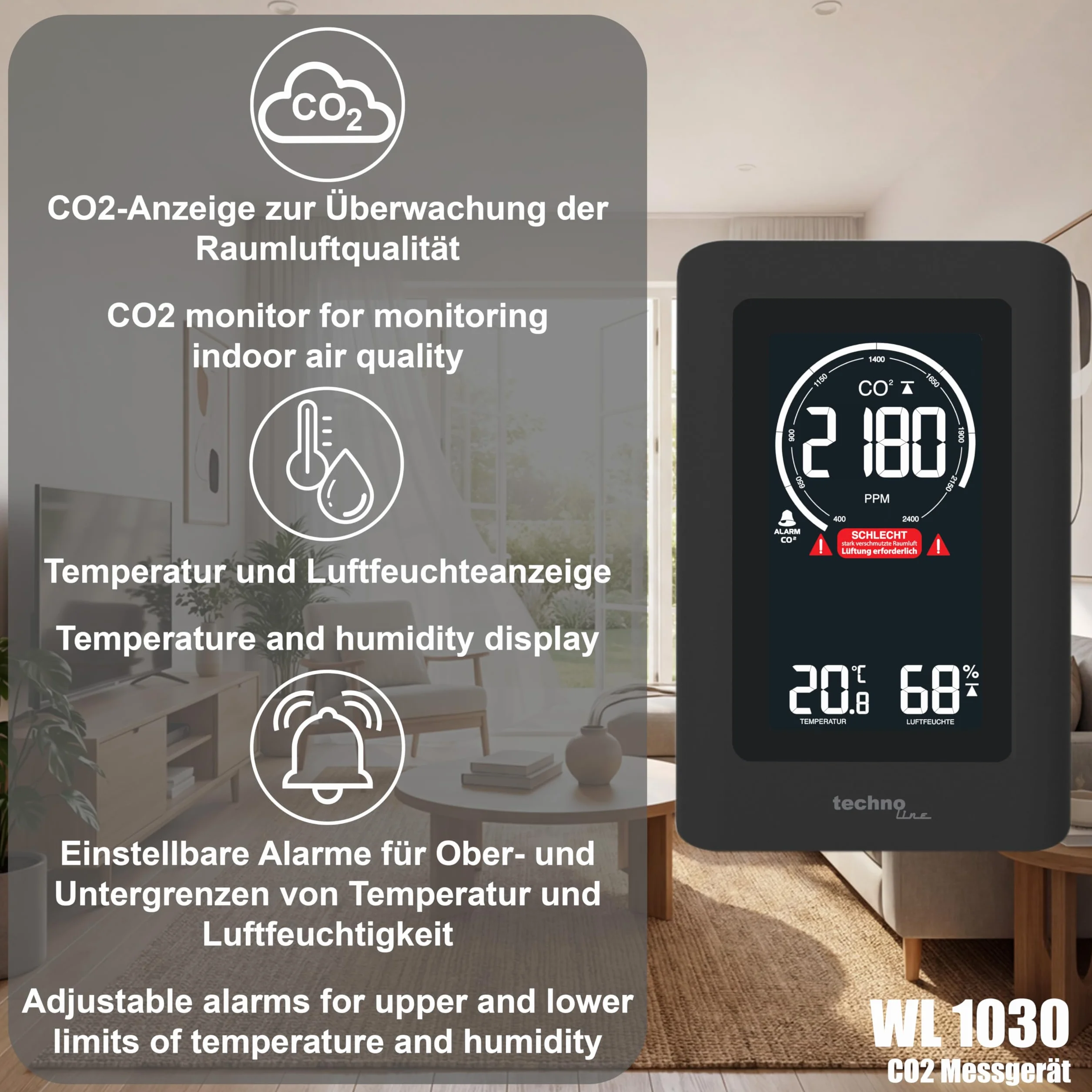 Technoline WL1030 CO2 Miernik Jakości Powietrza Czarny 9.4 x 5 x 14.5 cm