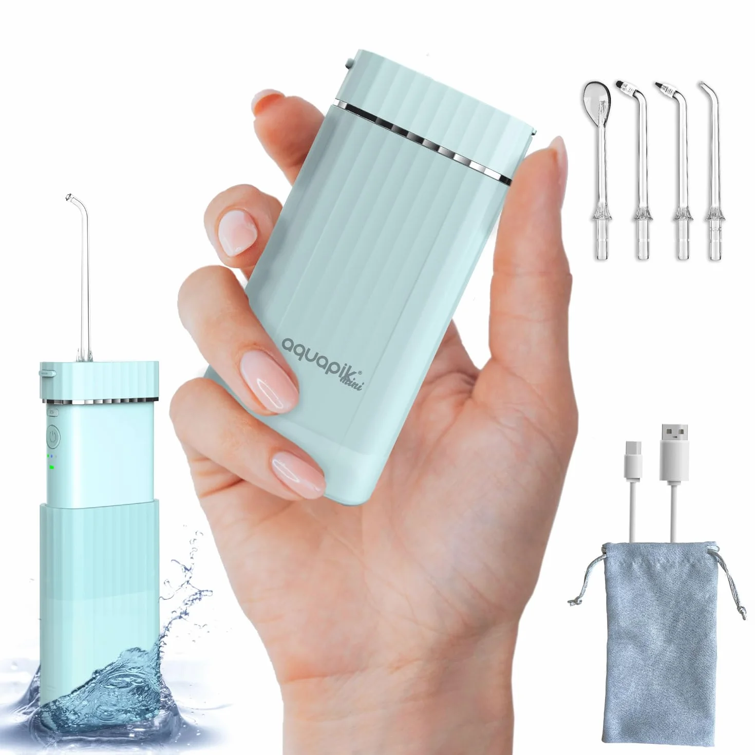Aquapik Mini przenośny irygator dentystyczny. 3 tryby użytkowania, wodoodporny IPX7, 4 dysze w zestawie, akumulator i kompaktowy, idealny w podróży, polecany przez dentystów dla całej rodziny.