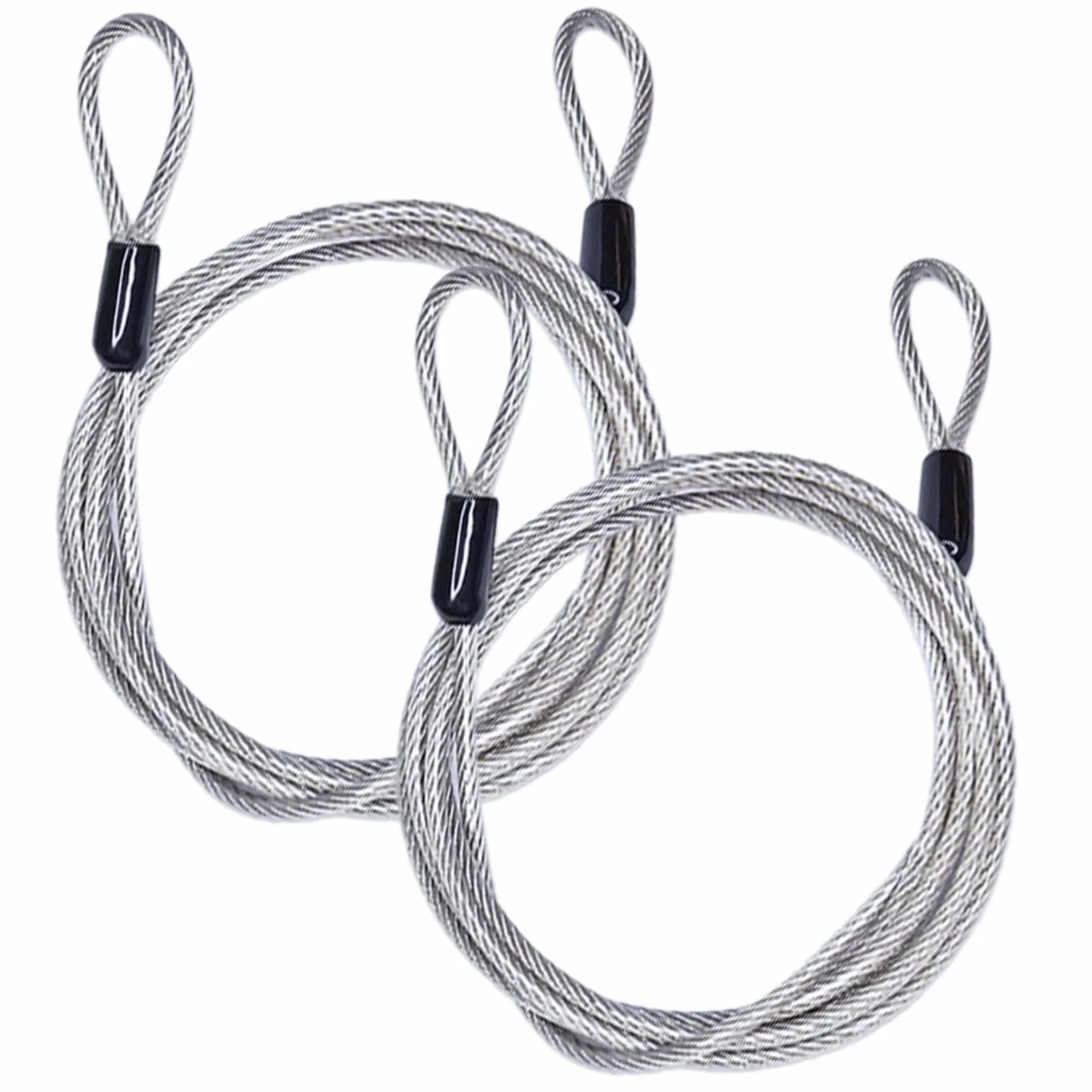 Kabel ze szlufkami, linka stalowa z oczkami, długość 2 m, grubość 4 mm, z osłoną z tworzywa sztucznego, do rowerów, zapięcia kablowe (2 sztuki srebrne)