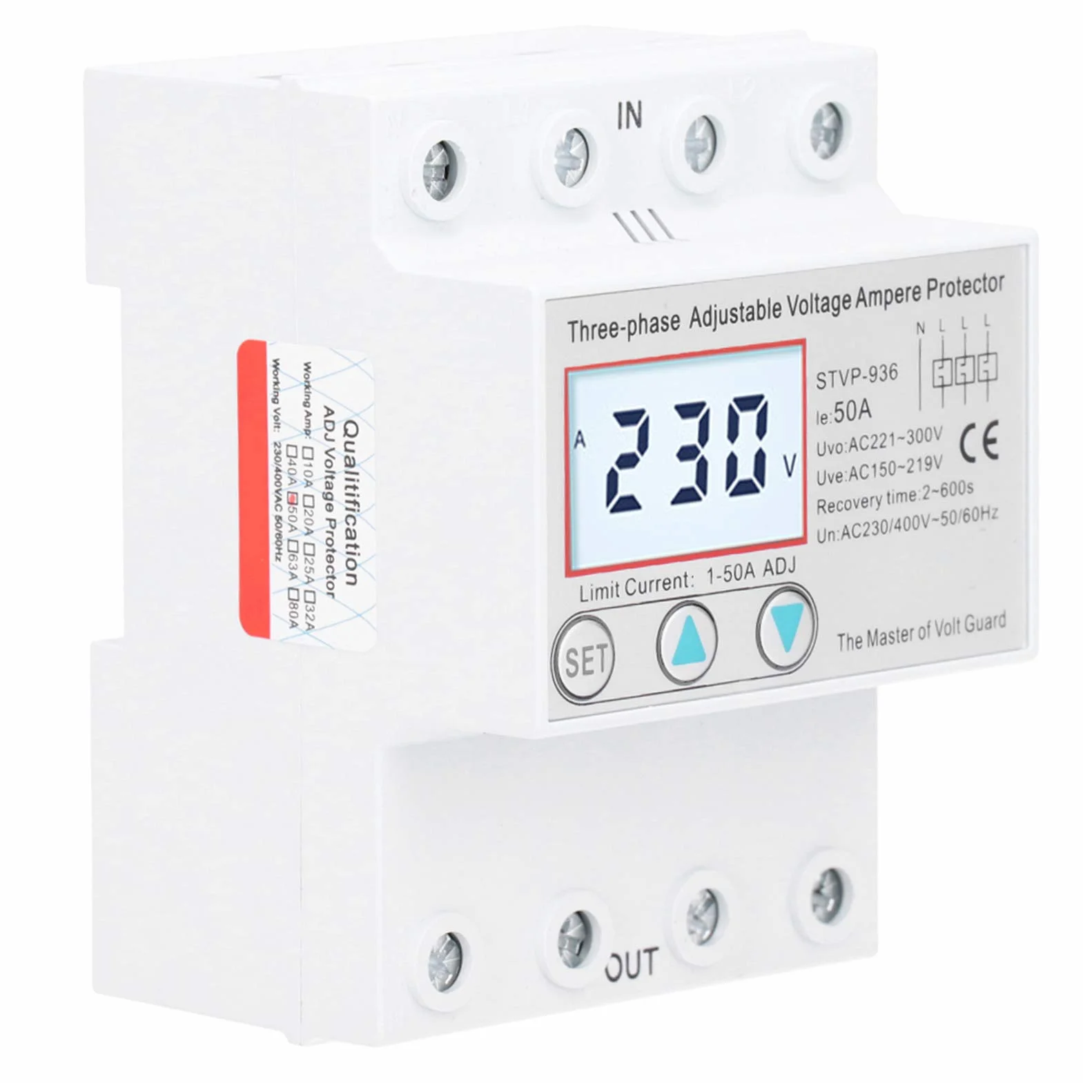 STVP936 Regulowane Zabezpieczenie Napięciowe, Wielofunkcyjny Wyświetlacz LCD, 3-fazowe Samoresetowanie, Przepięcie, Zabezpieczenie Podnapięciowe, Zabezpieczenie Nadprądowe, (50A)
