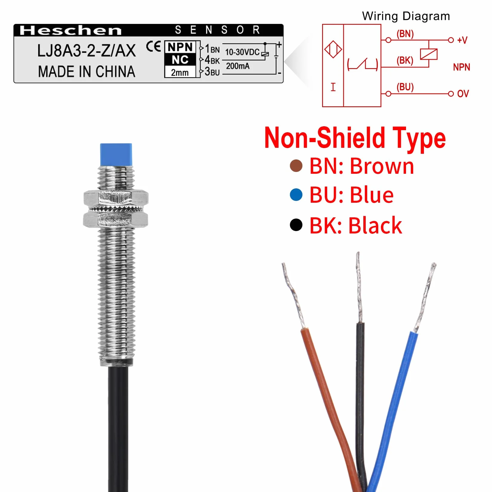 Heschen M8 Indukcyjny czujnik zbliżeniowy LJ8A3-2-Z/AX 2mm 10-30VDC 200mA NPN NC 3-przewodowy