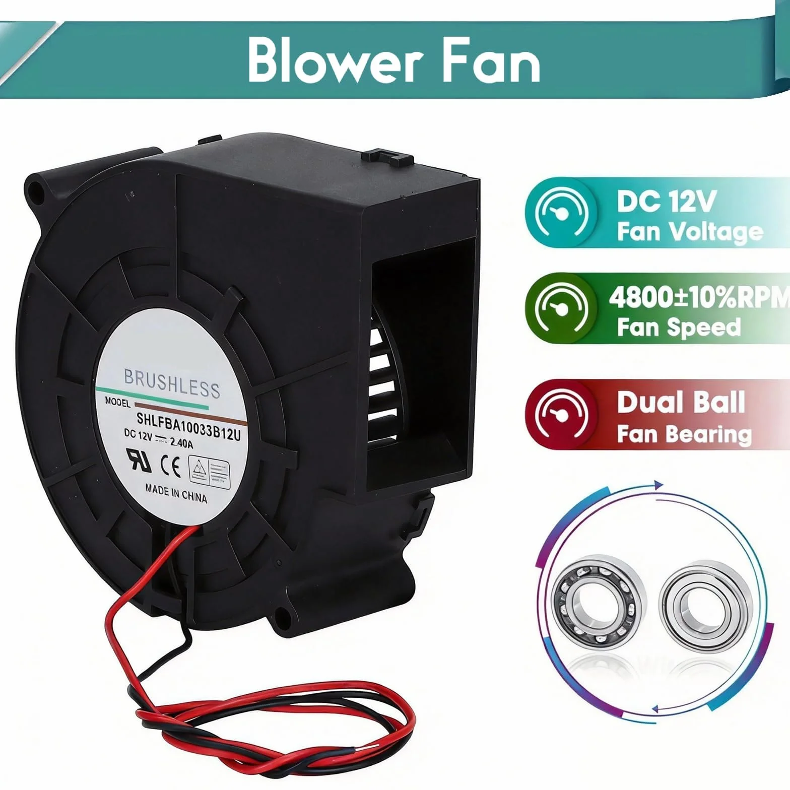 Duokon Wentylator 12 V 2,4 A, drukarka 3D, 12 V, turbina, łożysko hydrauliczne, bezszczotkowe chłodzenie, dwupulowa dmuchawa turbo, 97 mm x 33 mm, 3-pinowy