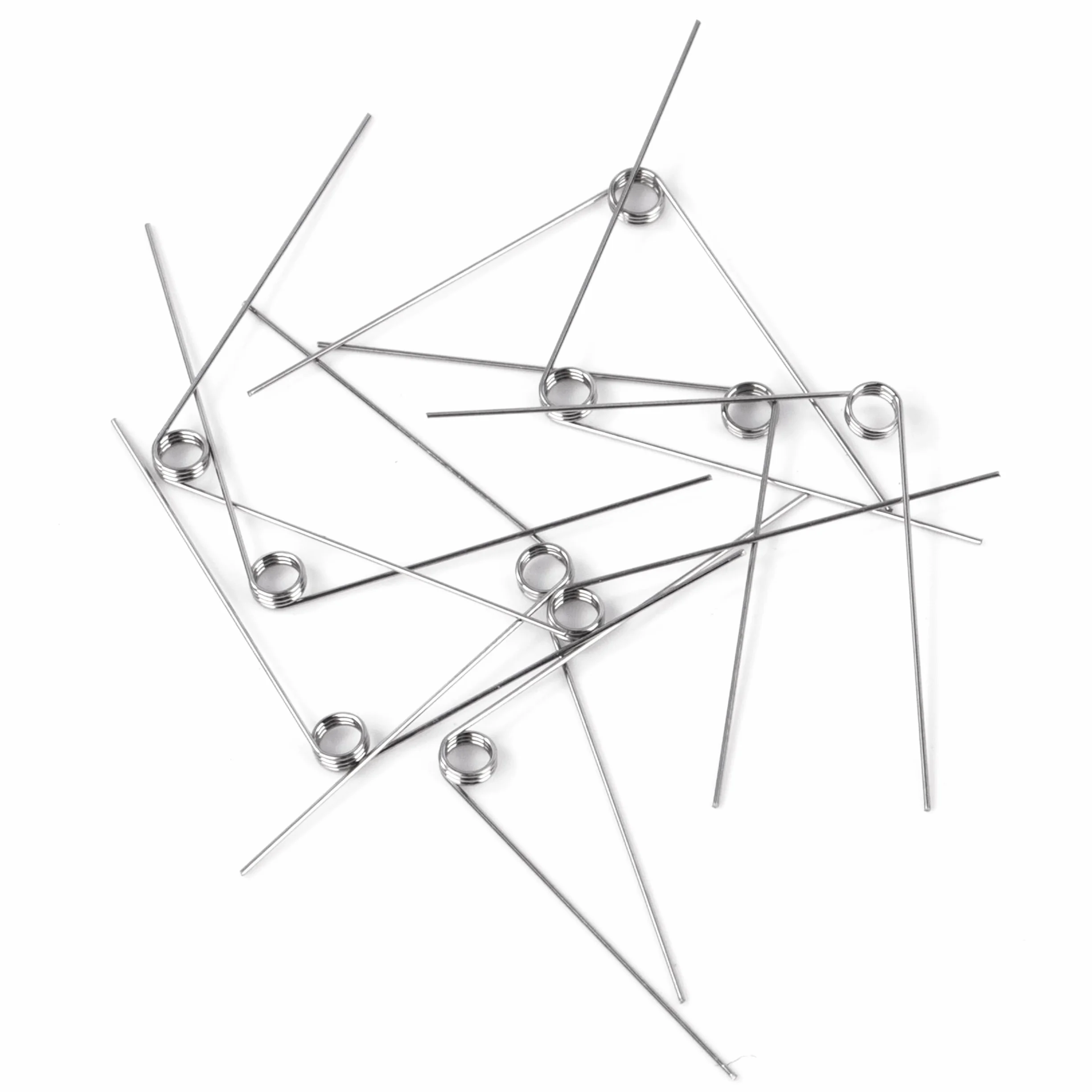 10 szt. sprężyn skrętnych ze stali nierdzewnej średnica drutu 0,3 mm średnica wewnętrzna 2 mm długość ramienia 20 mm kąt 90° 3 obroty lewy 0,3 x 20 mm