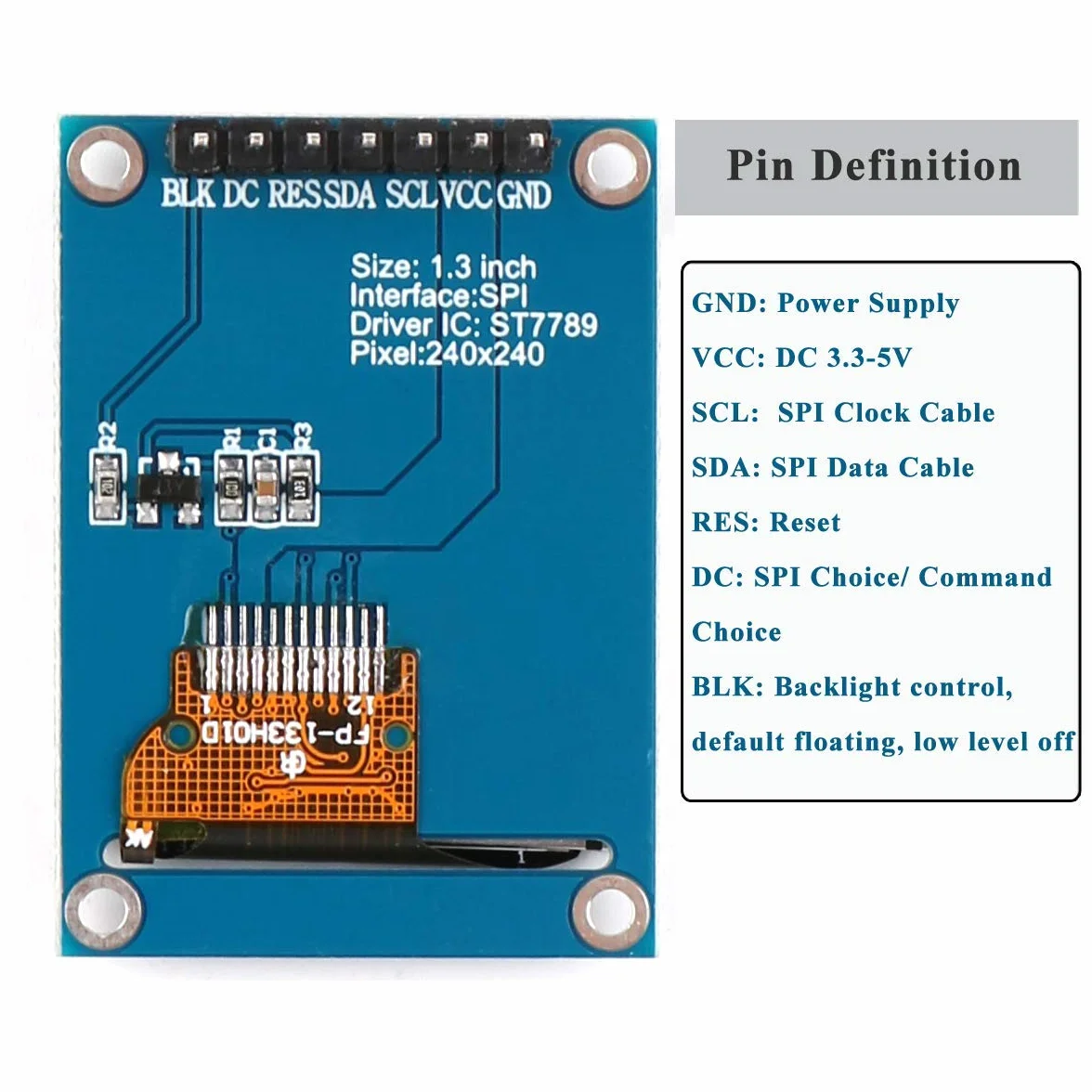 DollaTek Modu? wy?wietlacza TFT LCD 1,3 cala 240 x 240 IPS 65K pe?ny kolor 3,3 V z interfejsem SPI ST7789 sterownik IC dla 51 STM32