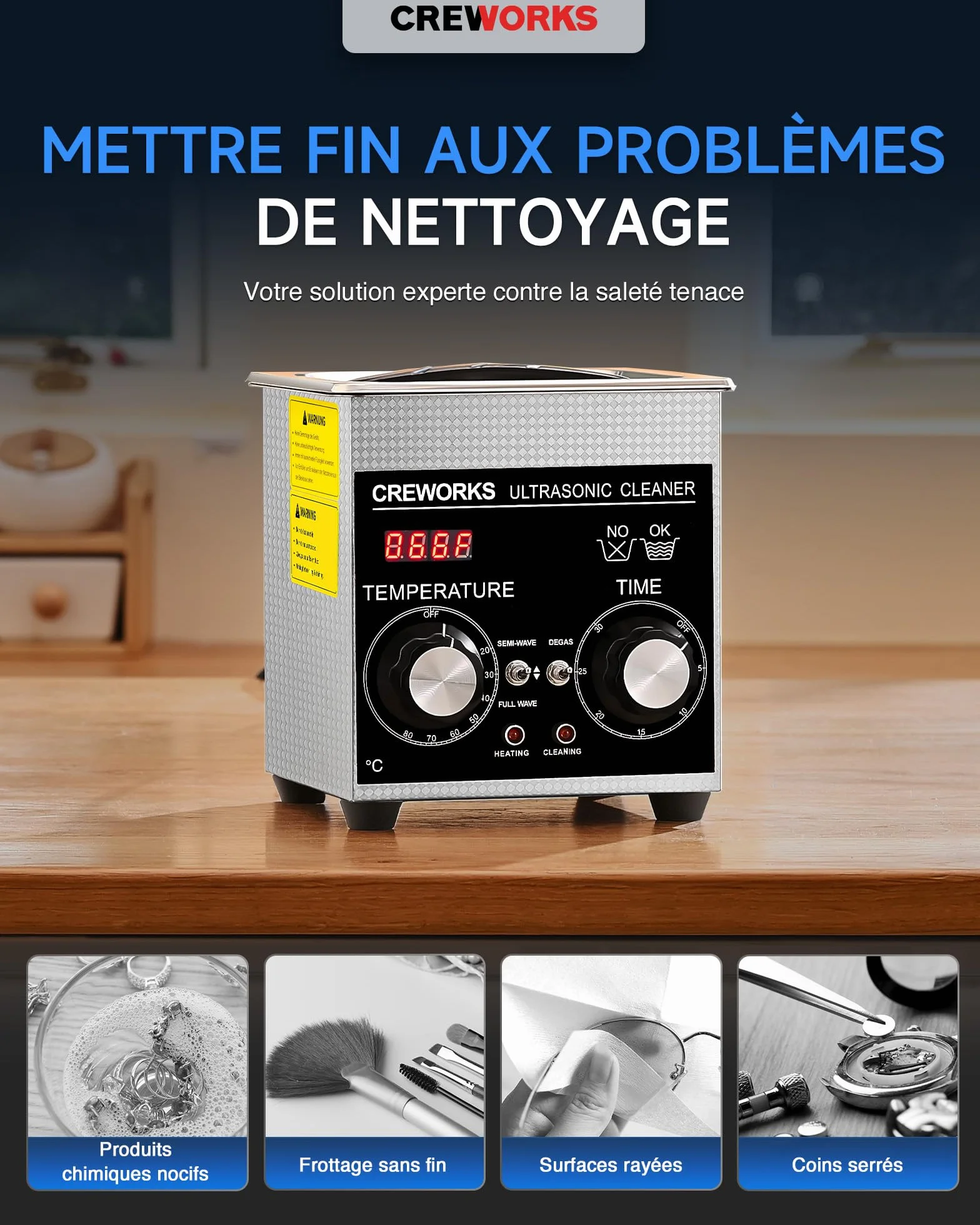 CREWORKS myjka ultradźwiękowa 1L 60W 100W timer 1-30 min z ogrzewaniem