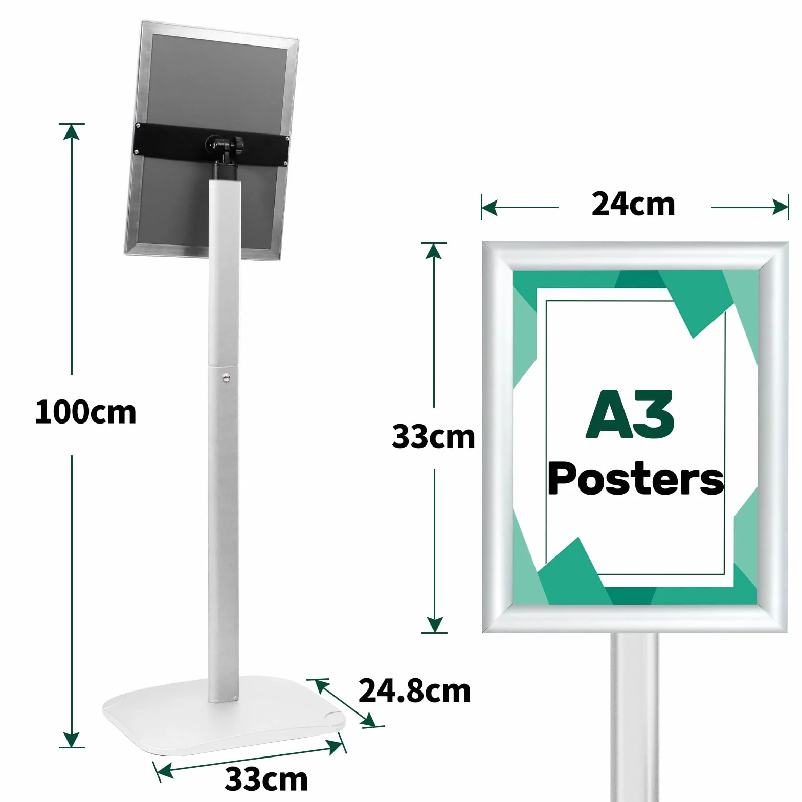 Wytrzymały stojak na plakat A3, stojący stojak na znak ze stabilną podstawą, uchwyt na znak zatrzaskowy do menu, uwagi, reklamy, powitania, srebrny