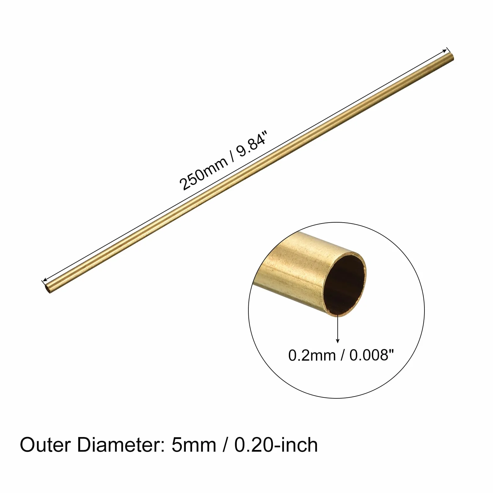 QUARKZMAN Mosiężna rura 5 mm OD 0,2 mm grubość ściany 250 mm długość okrągła węże rurowe do przemysłu, projektów rękodzielniczych, 3 szt