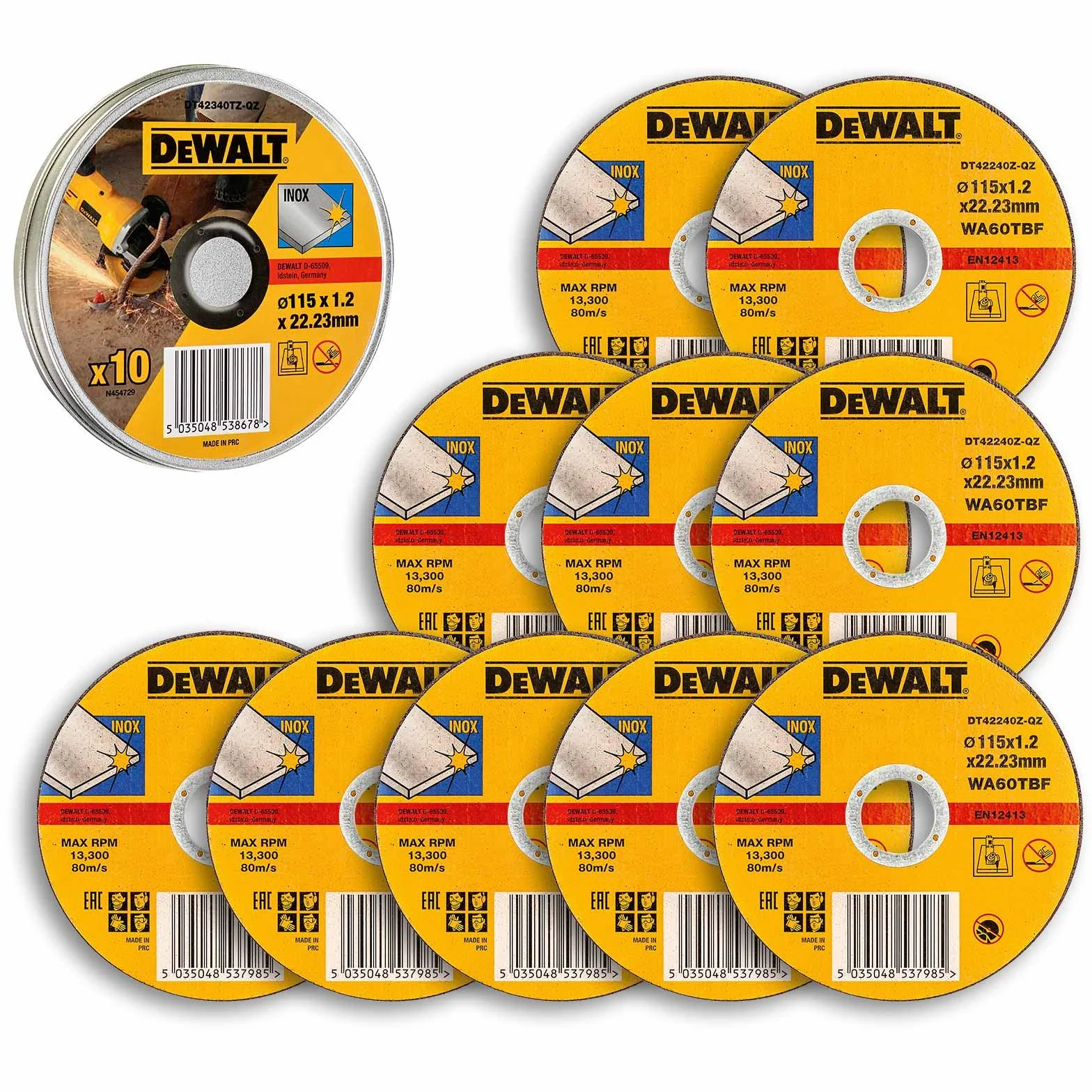 DEWALT, Zestaw 10 x tarcze do cięcia stali nierdzewnej - średnica 125mm, DT42340TZ-QZ