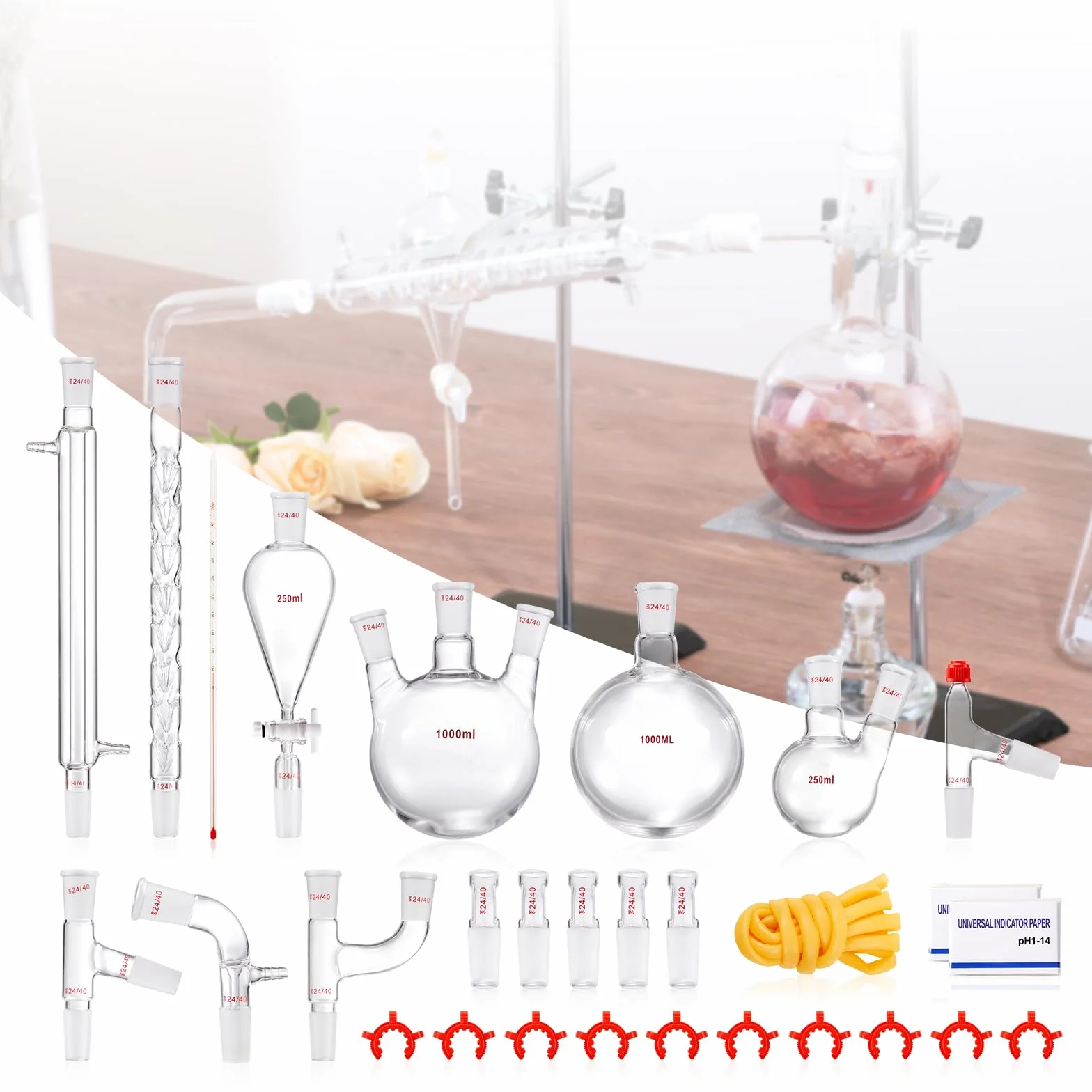 VEVOR Zestaw do destylacji laboratoryjnej, szkło boro, 24/40 połączenia, 1000 ml, 29-częściowy