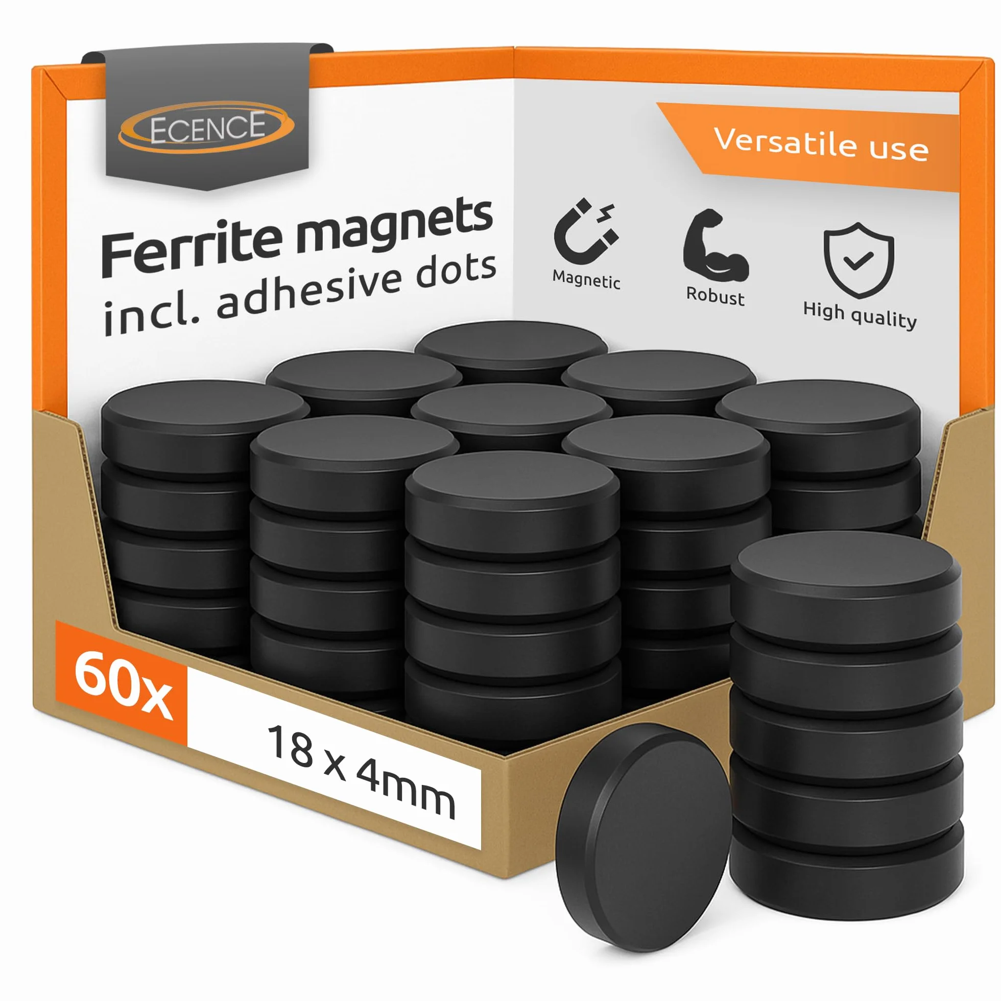 ECENCE Magnesy Ferrytowe, Mocne do Lodówek, D18x4mm, 60x do Tablicy Magnetycznej, Okrągłe w Tym Kropki Samoprzylepne