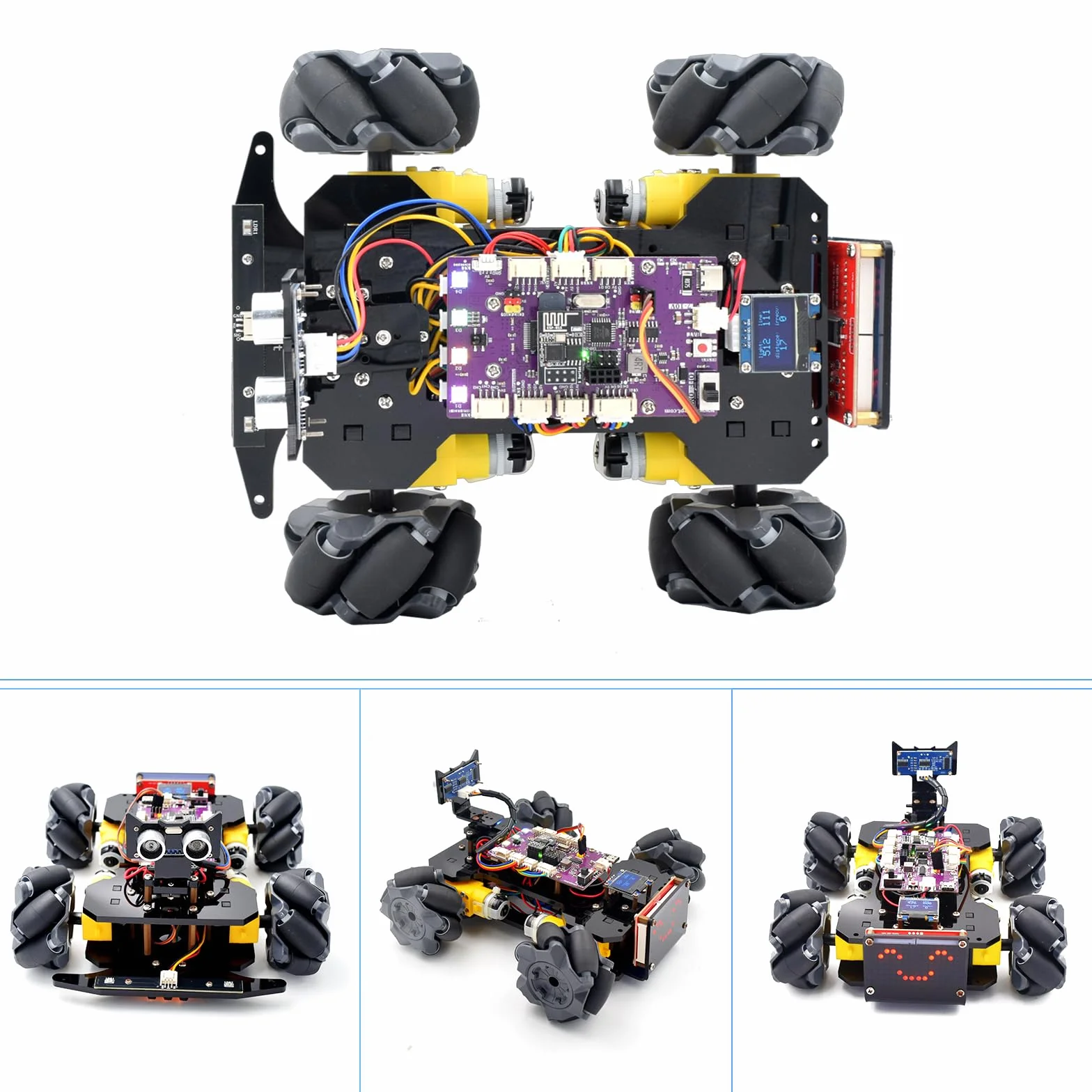 Adeept Mecanum Wheel Smart Car Kit (kompatybilny z Arduino IDE), śledzenie linii, śledzenie światła, unikanie przeszkód, silnik serwo, wyświetlacz OLED, brzęczyk, wyświetlacz LED Dot Matrix