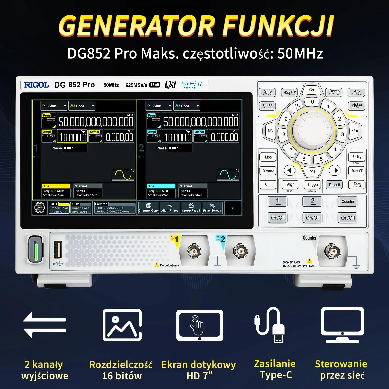 RIGOL DG852 Pro Generator Funkcji/Fal Arbitrarnych, 50 MHz, 625 Msa/s, 16 bitów, 2 Kanały