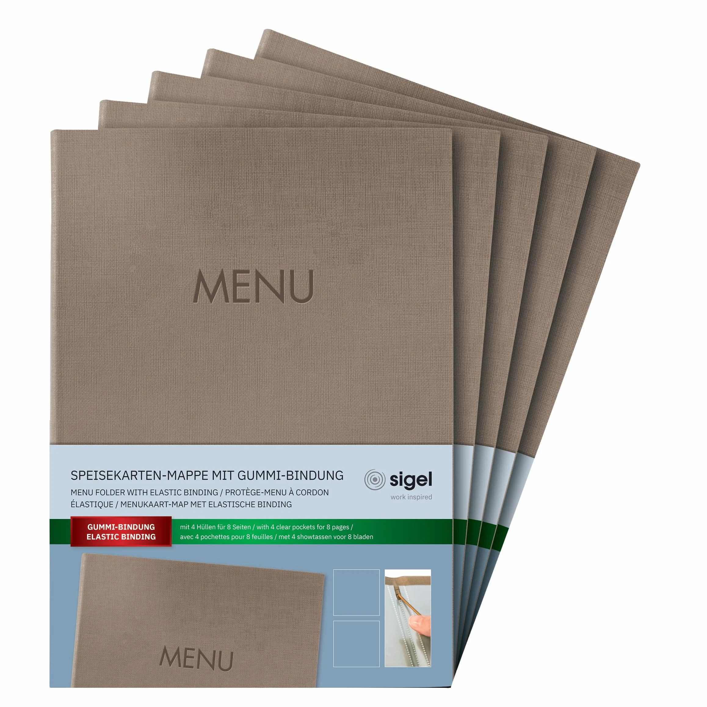 SIGEL SM210 zestaw 5 segregatorów menu DIN A4 z elastycznym sznurkiem, ciemnobeżowe
