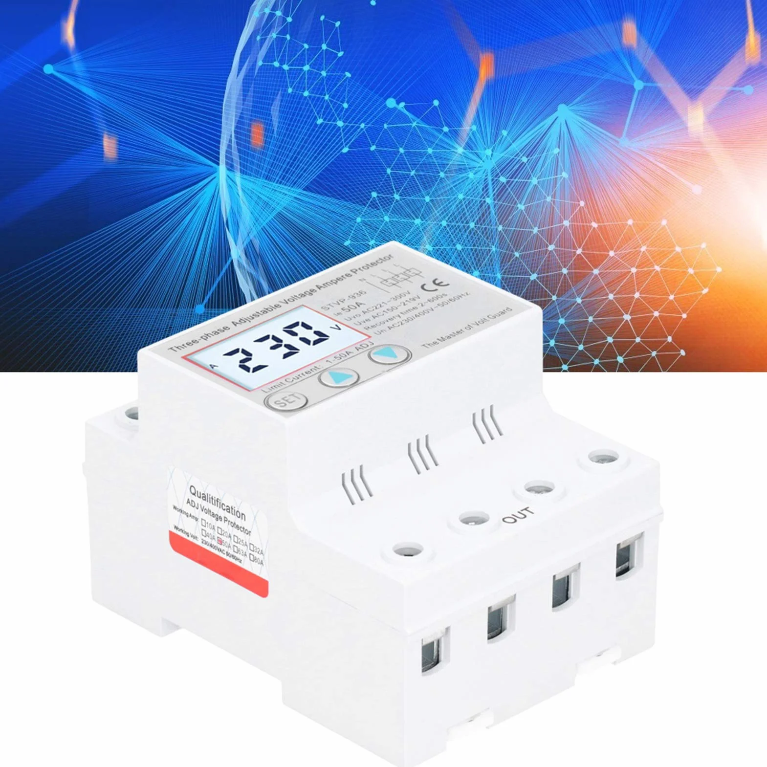 STVP936 Regulowane Zabezpieczenie Napięciowe, Wielofunkcyjny Wyświetlacz LCD, 3-fazowe Samoresetowanie, Przepięcie, Zabezpieczenie Podnapięciowe, Zabezpieczenie Nadprądowe, (50A)