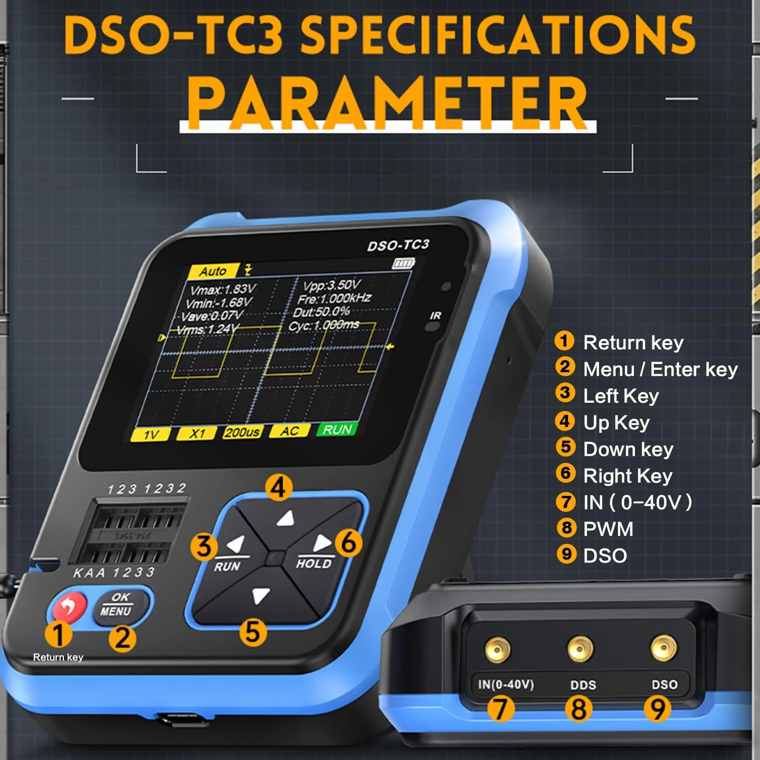 Jadeshay Oscyloskop cyfrowy, DSO-TC3 przenośny zestaw oscyloskopu ręcznego 3 w 1, cyfrowy tester tranzystorowy oscyloskopu, generator sygnału