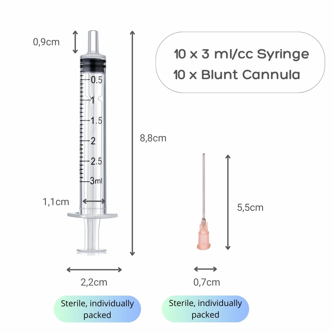 10 sztuk x 3 ml strzykawka i 10 x kaniula, zestaw strzykawek z tępymi igłami, różne rozmiary: 1 ml, 3 ml, 5 ml, 10 ml, 20 ml, 30 ml, 60 ml, dla hobbystów i majsterkowiczów, pojedynczo sterylnie
