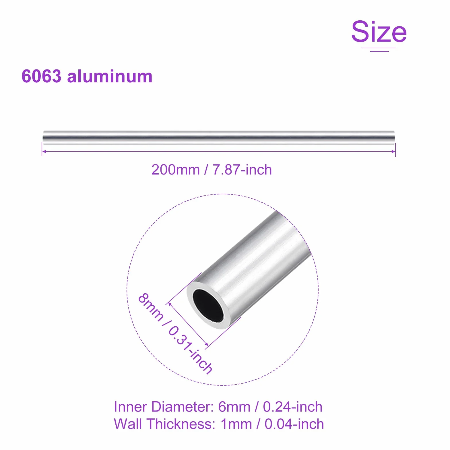 DMiotech 2-pak (8 mm śr. x 6 mm ID) 6063 aluminiowa okrągła rura o długości 200 mm przemysłowe metalowe rury do maszyn rama budowa projektów DIY