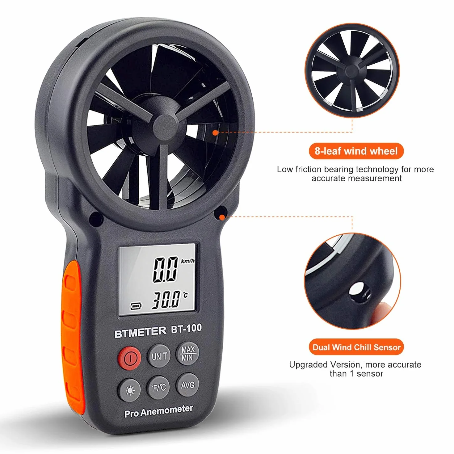 BTMETER BT-100 cyfrowy anemometr ręczny miernik prędkości wiatru CFM MAX/MIN/AVG podświetlenie LCD HVAC
