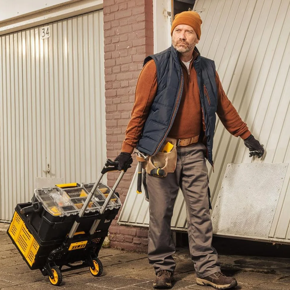 Stanley Składany wózek transportowy i składana skrzynia FT501/FT505 – wózek transportowy 70 kg – składana skrzynia 25 kg – zakupy, obsługa i przeprowadzka – czarny/żółty