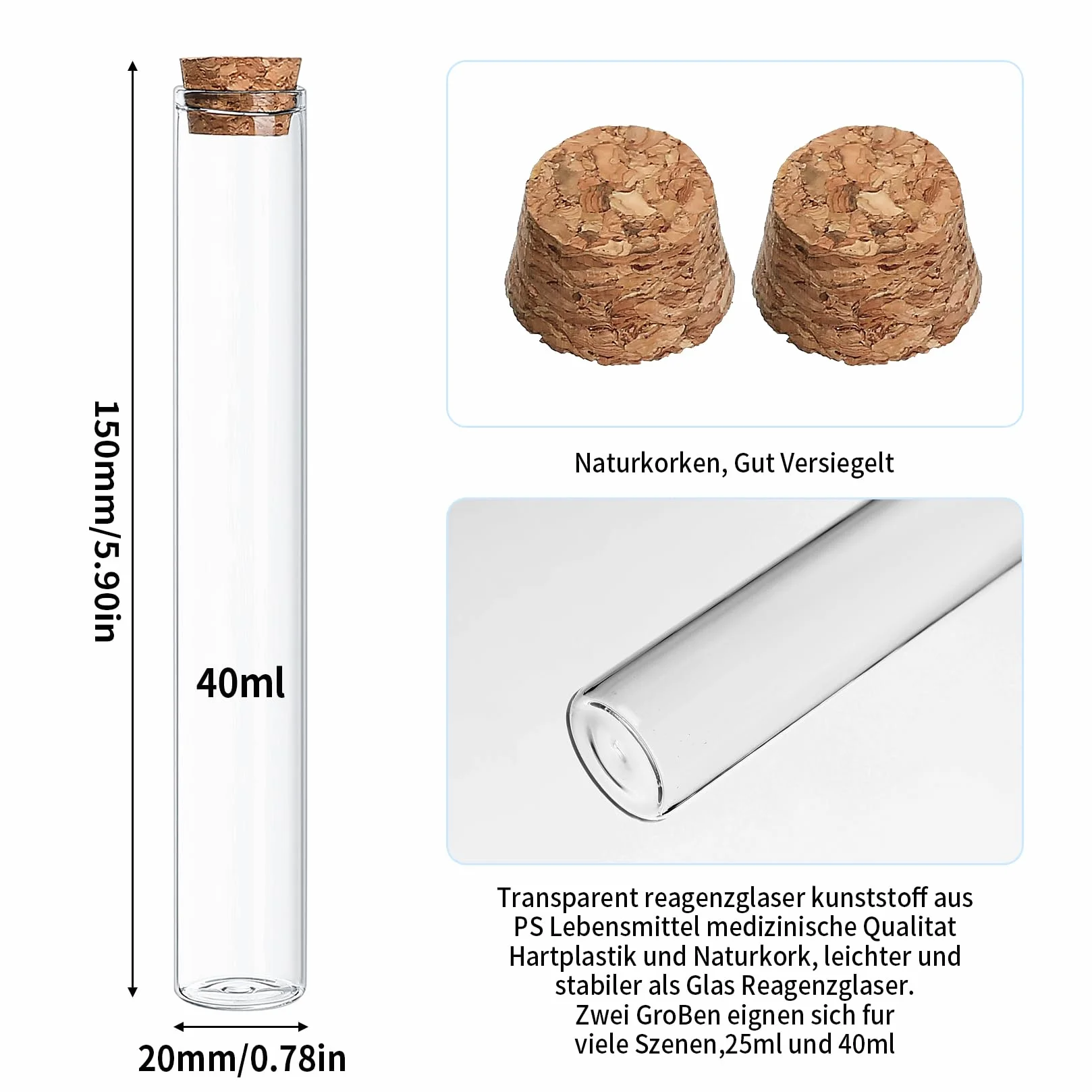 Szklane probówki laboratoryjne 40 ml z nakrętką śrubową, 11 sztuk