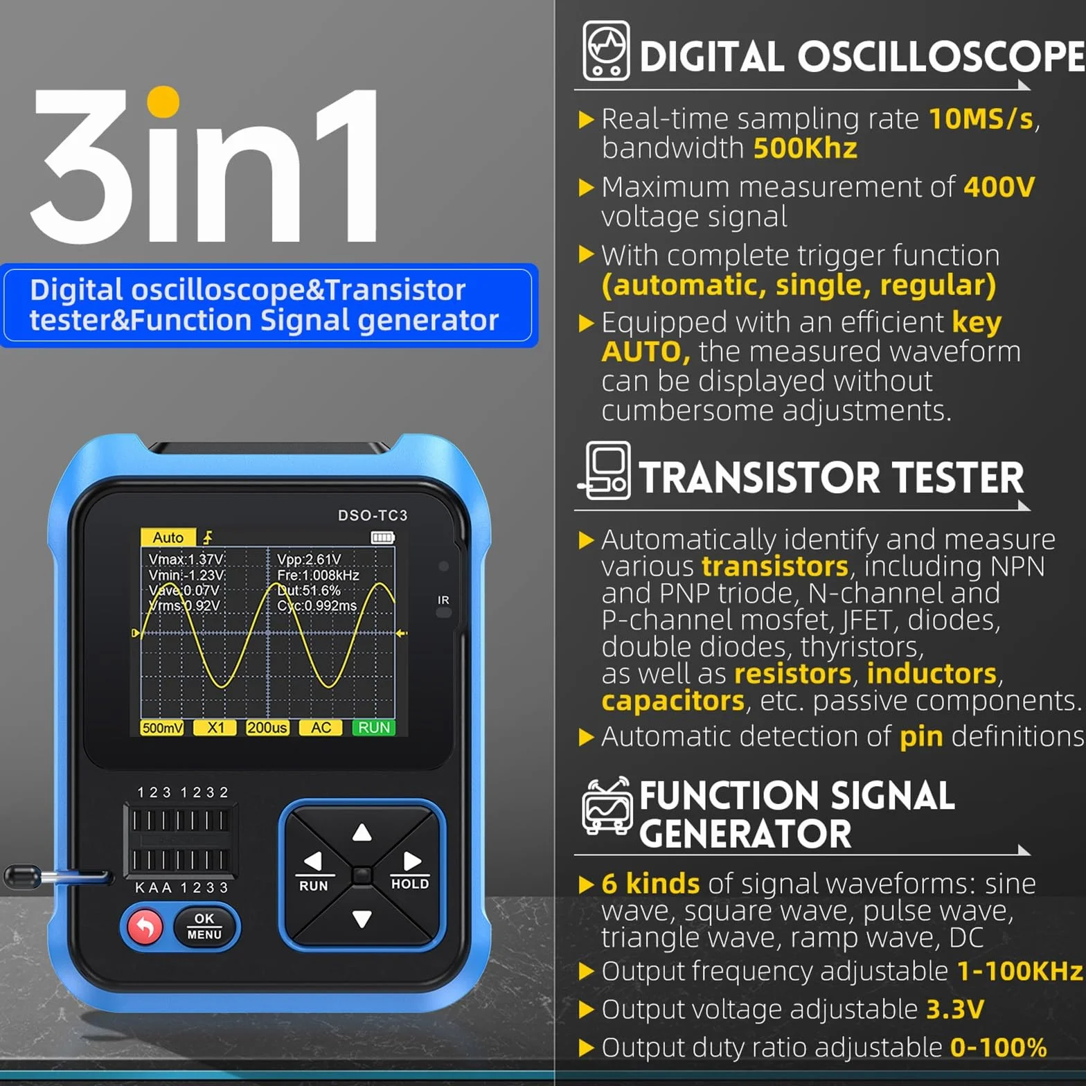 Jadeshay Oscyloskop cyfrowy, DSO-TC3 przenośny zestaw oscyloskopu ręcznego 3 w 1, cyfrowy tester tranzystorowy oscyloskopu, generator sygnału