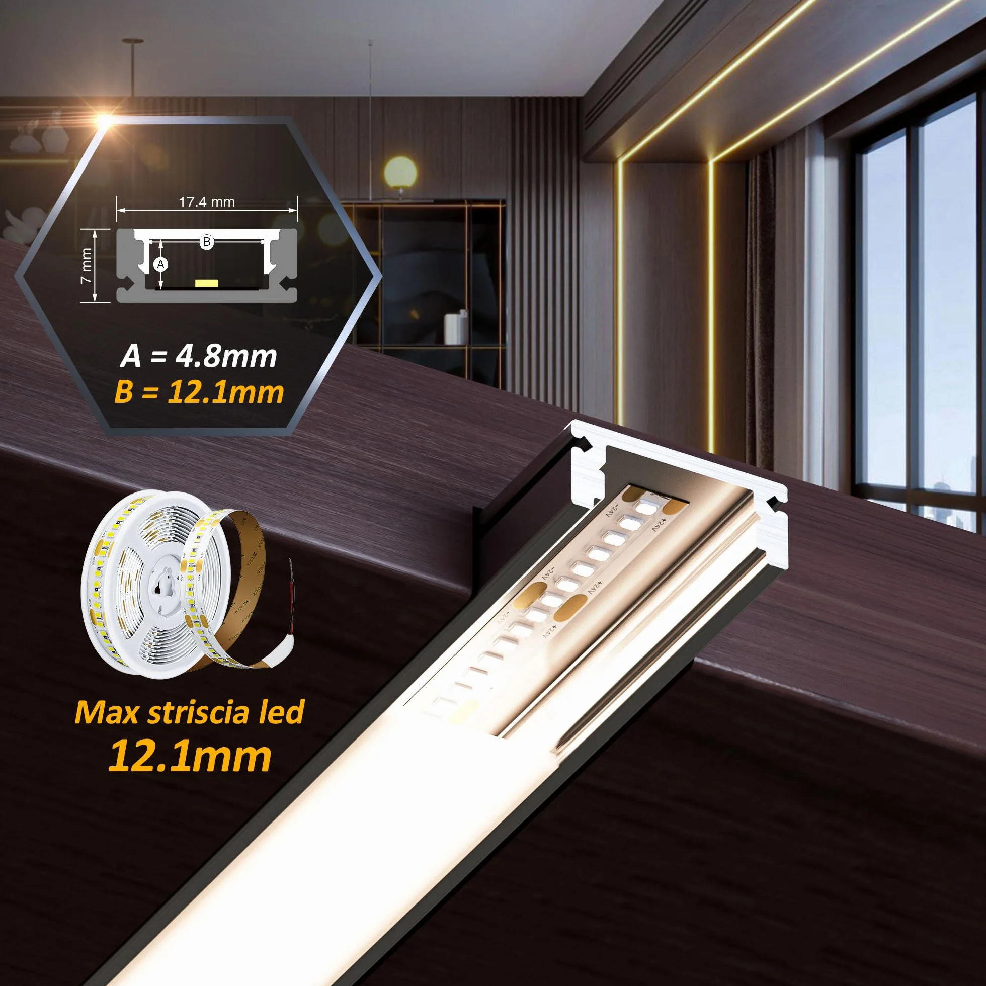 Profil aluminiowy LED biały 2 m 12,1 mm U-kształtny z taśmą LED i dyfuzorem
