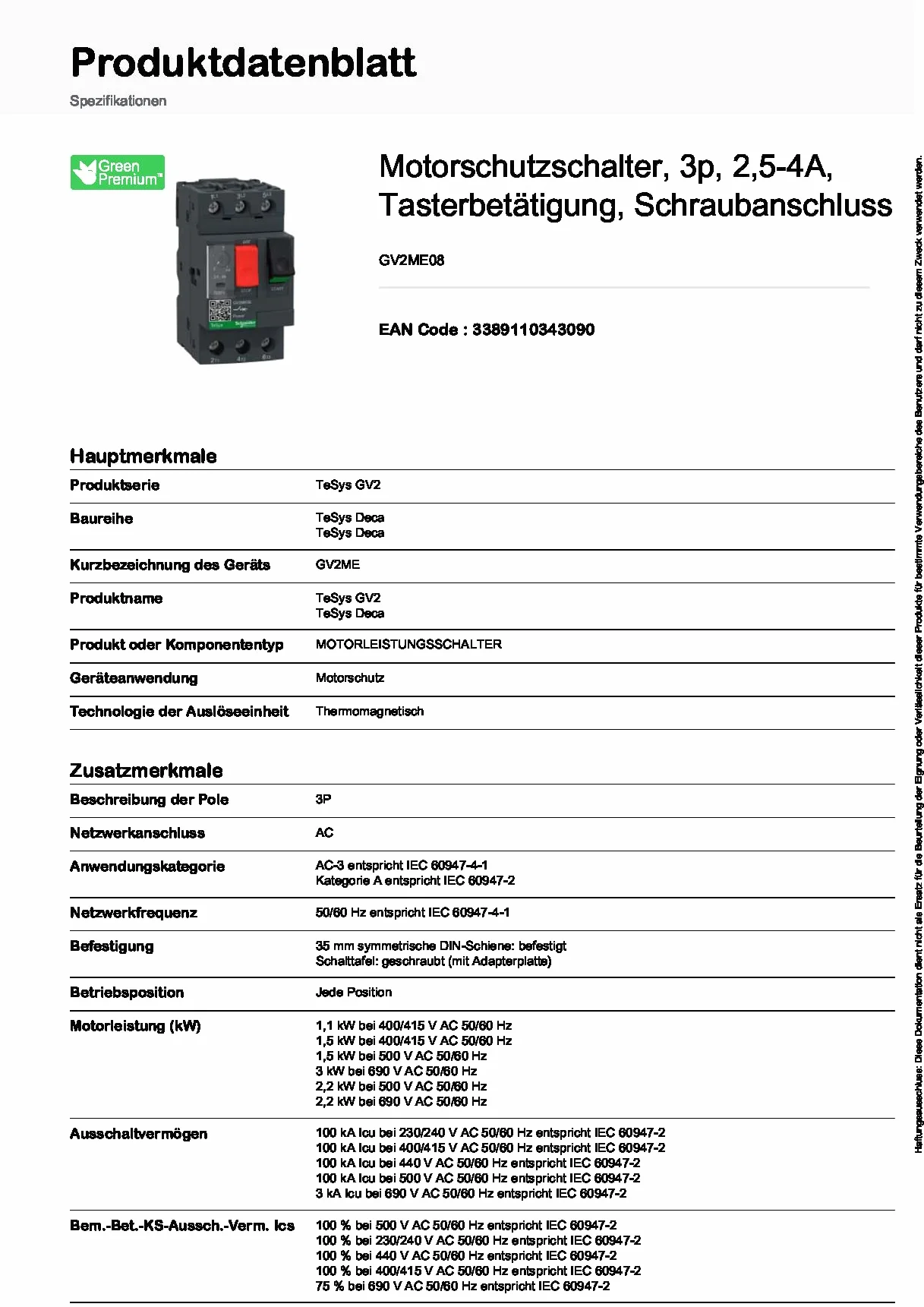 Schneider Electric GV2ME08 wyłącznik ochronny silnika 3p 2,5-4 A uruchamianie przycisku przyłącze śrubowe 45 x 89 x 78,2 mm