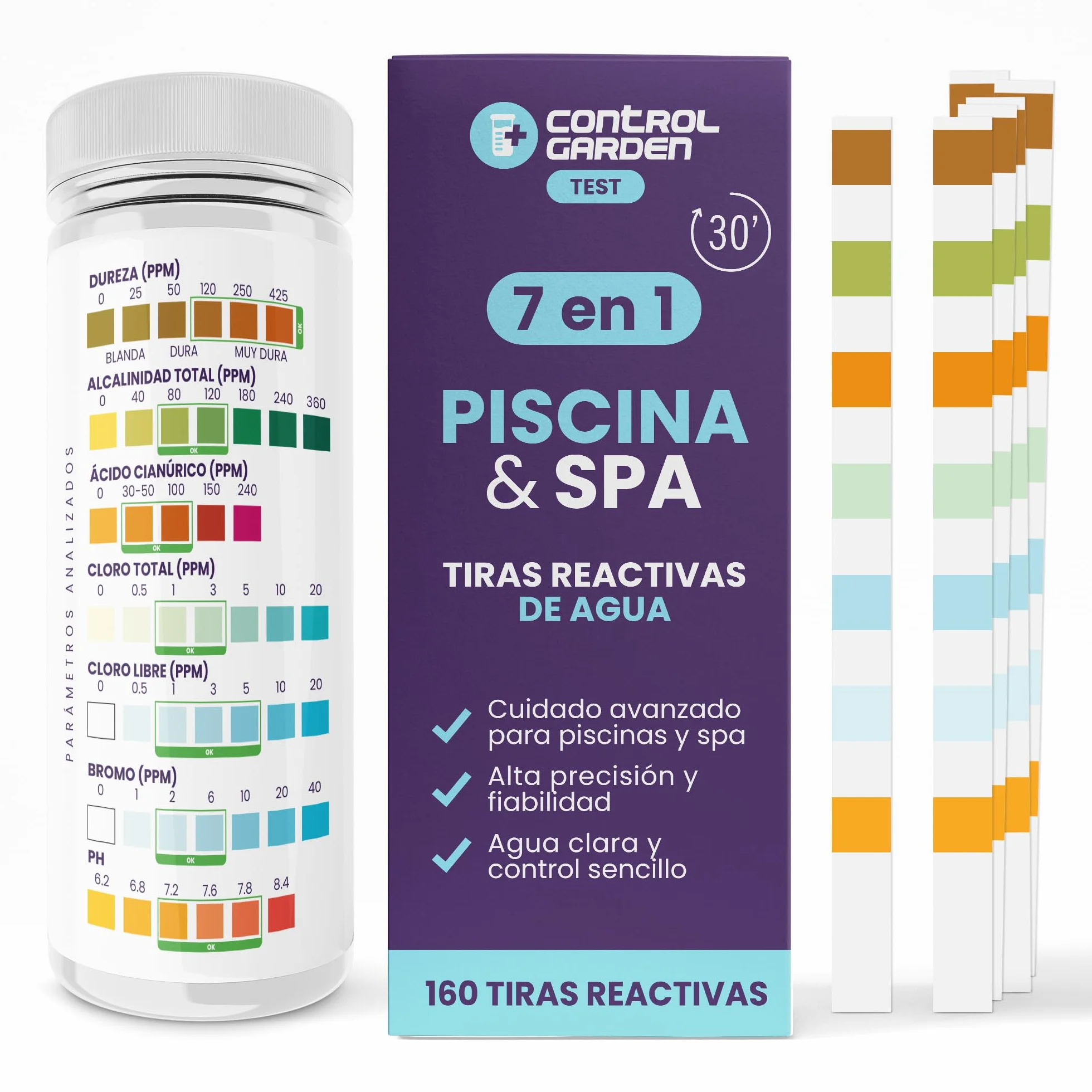GARDEN STEROWANIE 160 pasów testowych 7 w 1 | Test basenu i spa | Miernik pH, wolny i całkowity chlor, brom, zasadowość, twardość, kwas cyjanurowy w wodzie | Analiza 30s | Dokładna kontrola