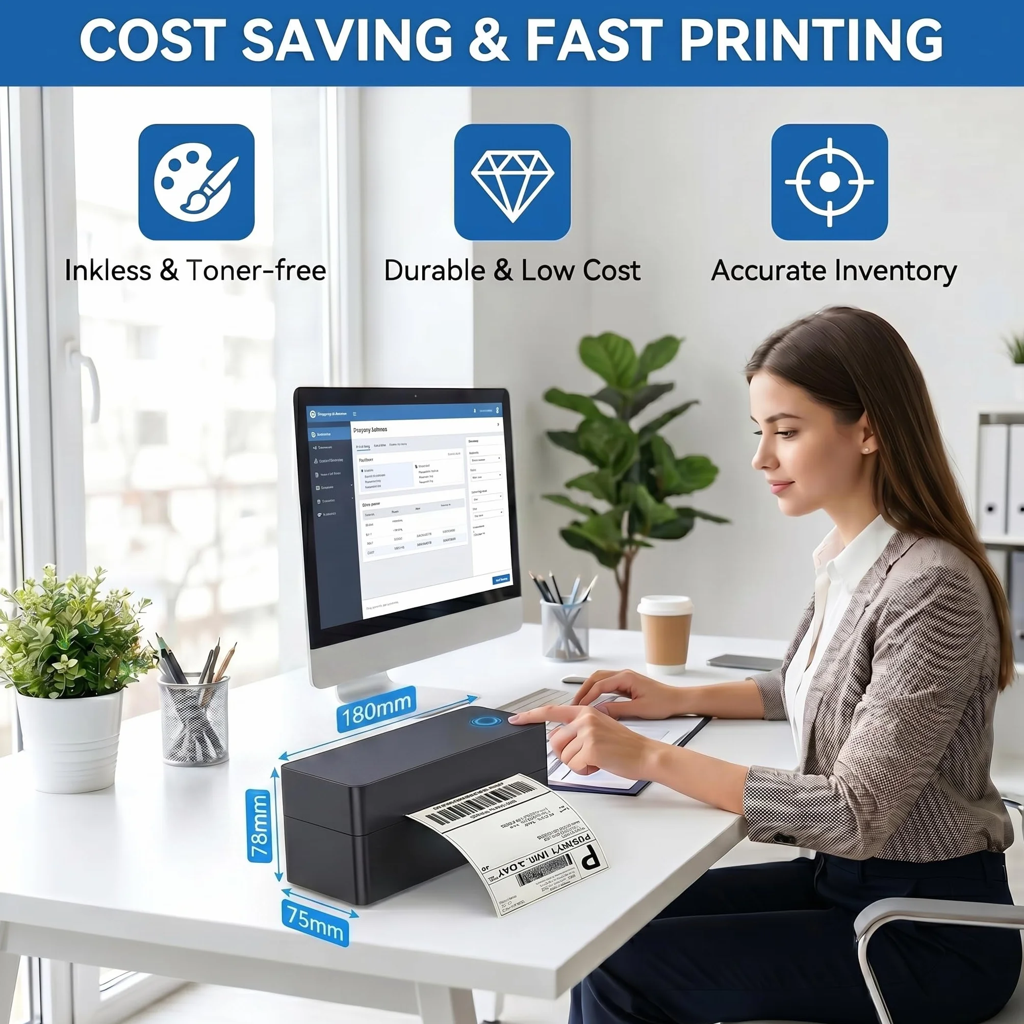 Drukarka etykiet Bluetooth 4x6 (100x150mm), termiczna drukarka do etykiet wysyłkowych DHL, Amazon FBA i Shopify, w zestawie: stojak, pendrive (sterownik) i 30 etykiet, kompatybilna z iOS/Android
