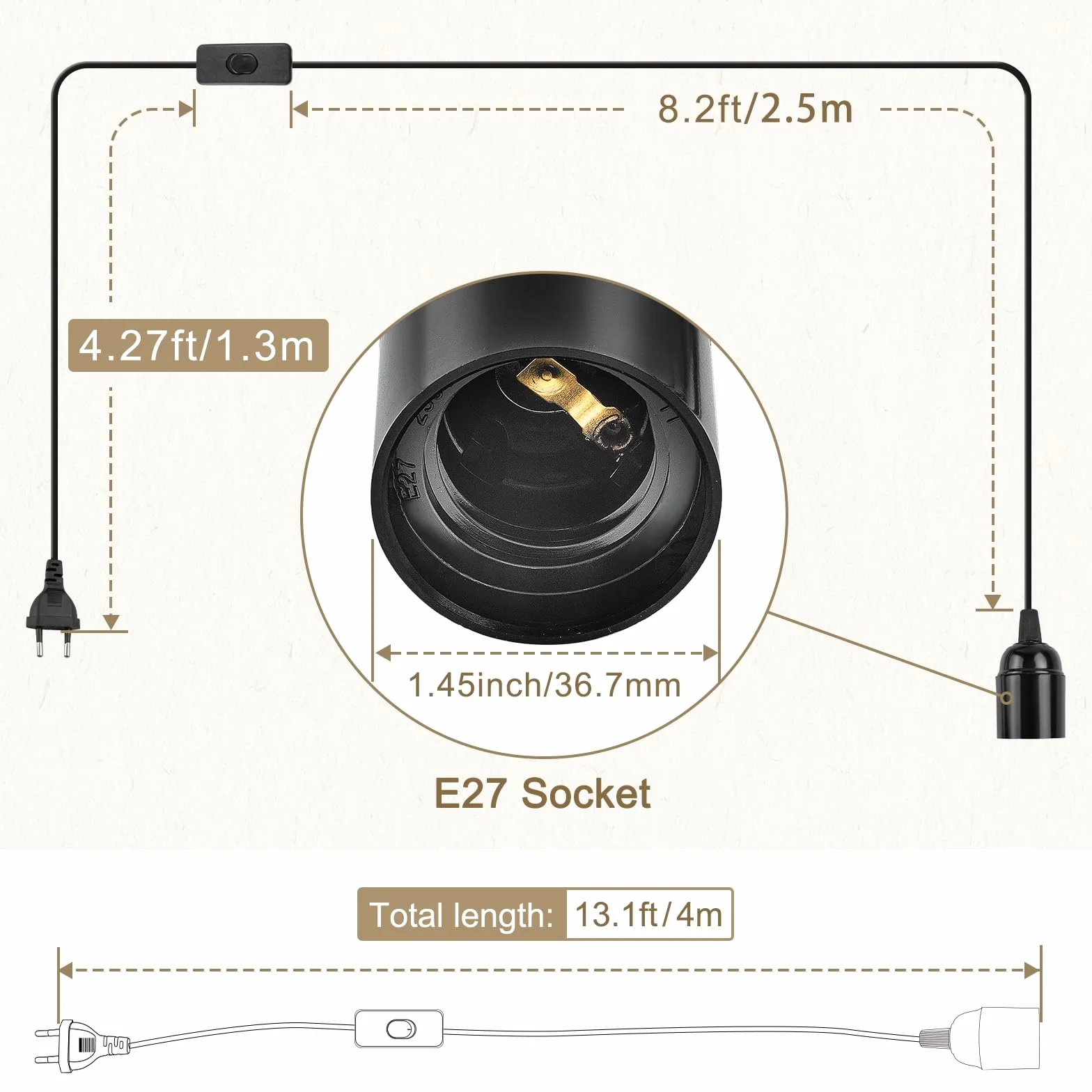 DiCUNO E27 oprawa lampy wiszącej z przełącznikiem i kablem 4 m