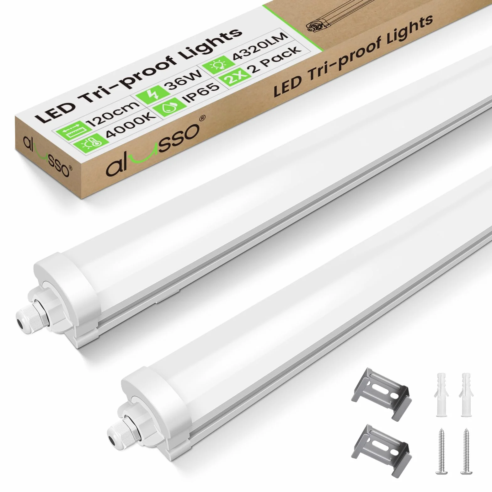 ALUSSO Listwa świetlna LED 120 cm, 36 W, 4320 lm, 4000 K, możliwość łączenia, oświetlenie garażowe, wodoodporne IP65, lampy sufitowe do szopy, warsztatu, biura, kuchni, 2 szt