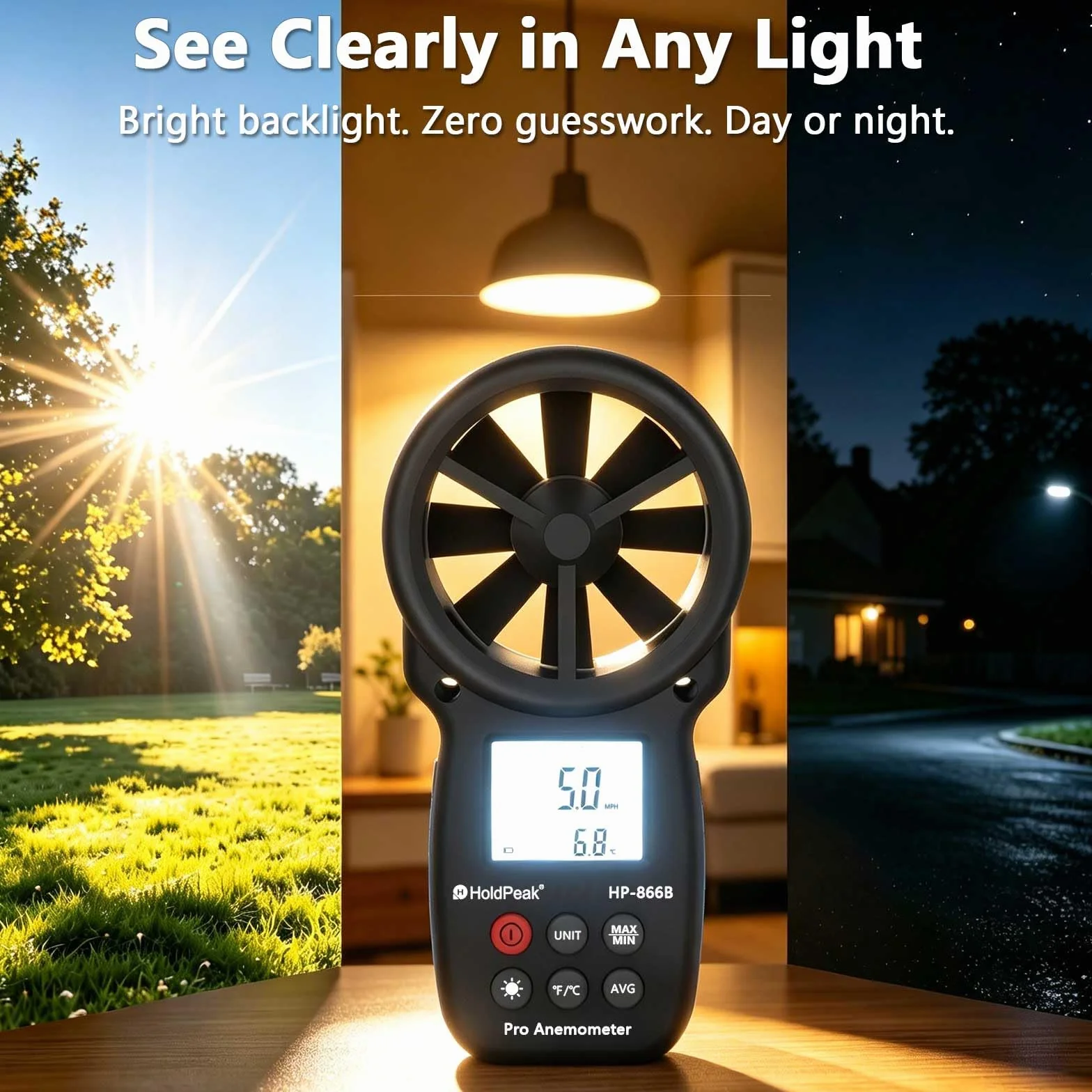 HoldPeak HP-866B anemometr ręczny cyfrowy miernik prędkości wiatru z podświetleniem CFM temperatura