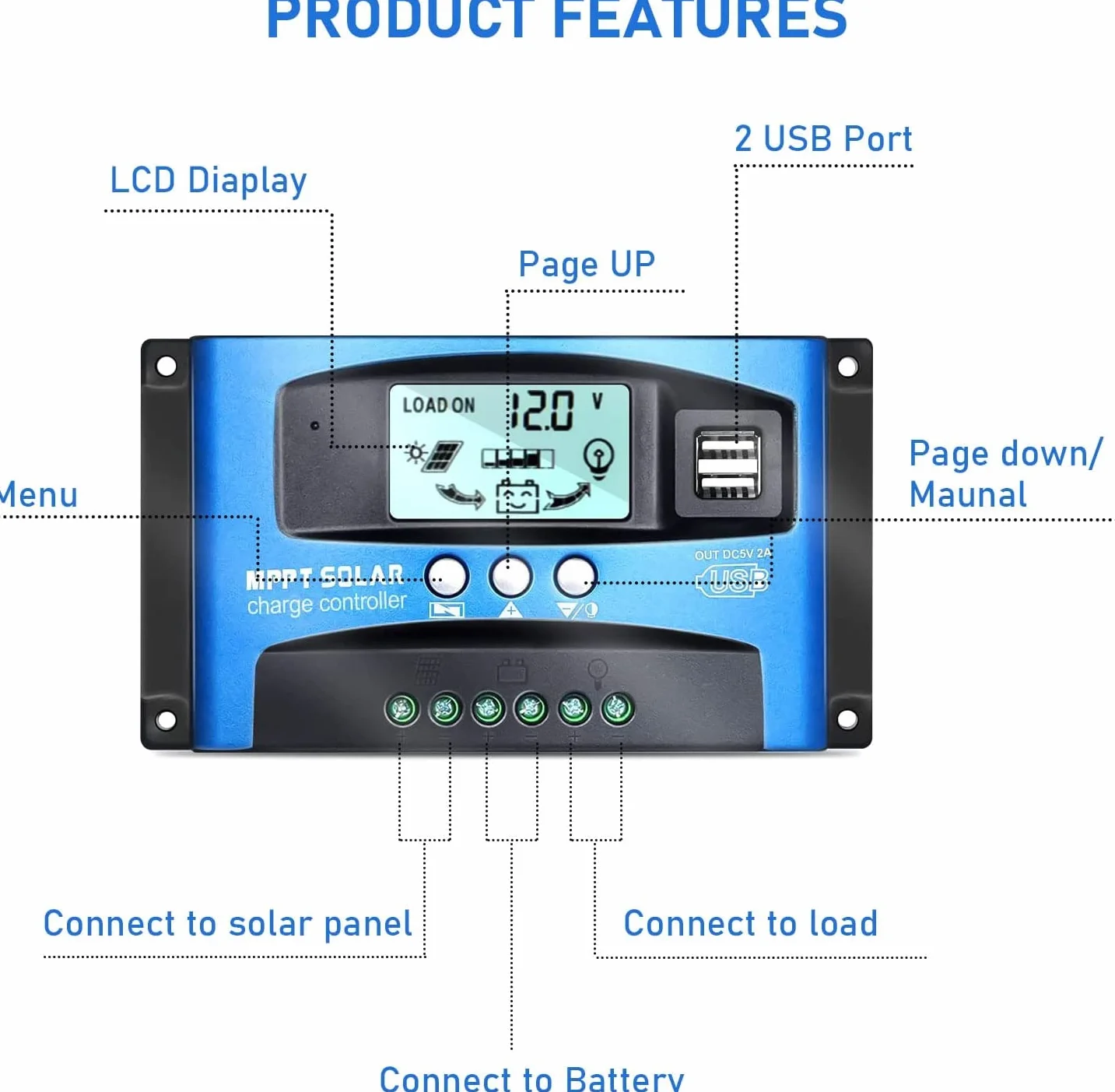 Solarny regulator ładowania MPPT 100 A z wyświetlaczem LCD, podwójny USB, kontroler słoneczny