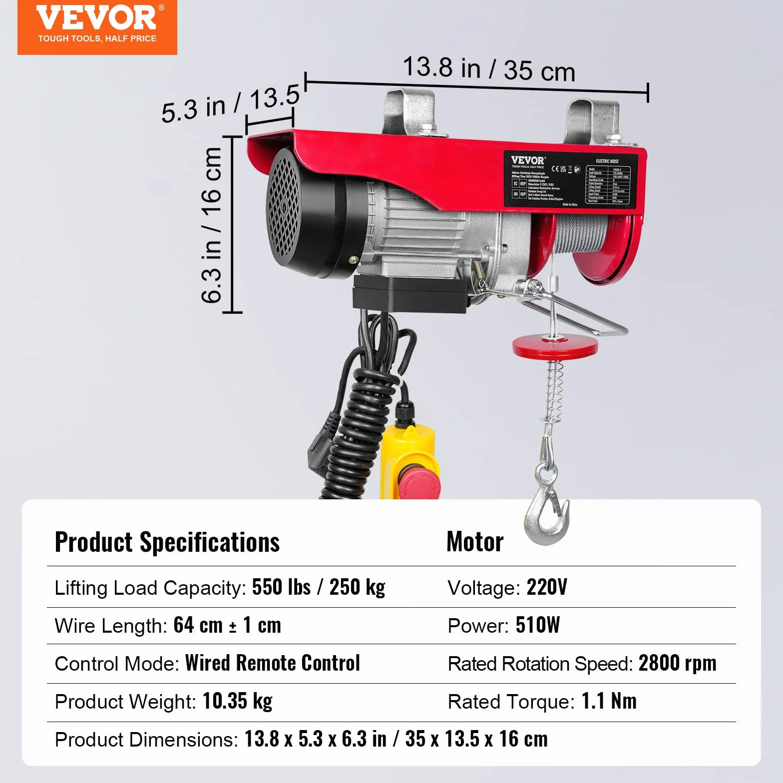 VEVOR wciągarka elektryczna 250 kg 510 W 12 m pilot przewodowy