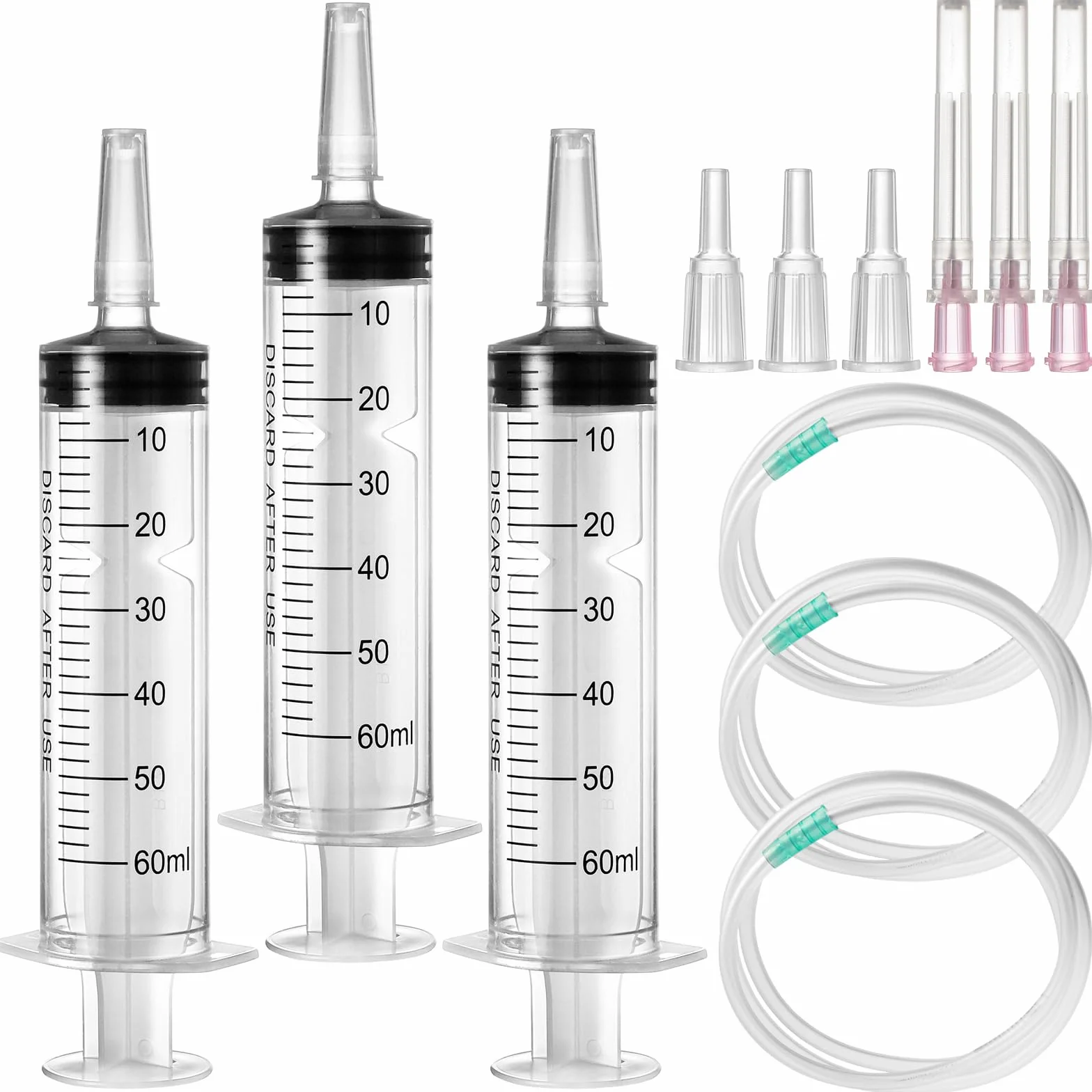 3 strzykawki 60 ml, wielokrotnego użytku, sterylne strzykawki z wężem, strzykawka z tępą igłą, strzykawka dozująca, z tworzywa sztucznego, do laboratorium, karmienia zwierząt, nawadniania roślin,