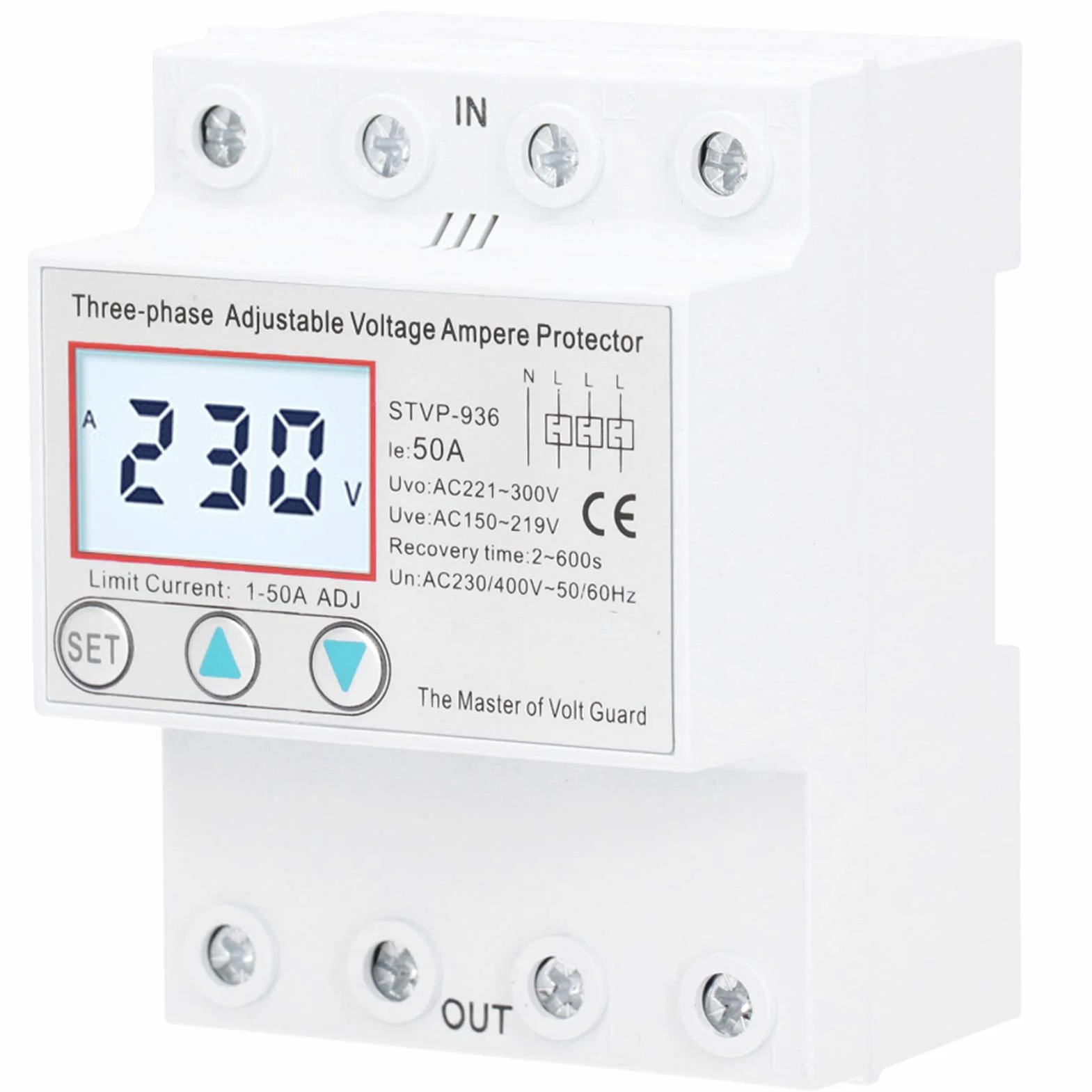 STVP936 Regulowane Zabezpieczenie Napięciowe, Wielofunkcyjny Wyświetlacz LCD, 3-fazowe Samoresetowanie, Przepięcie, Zabezpieczenie Podnapięciowe, Zabezpieczenie Nadprądowe, (50A)