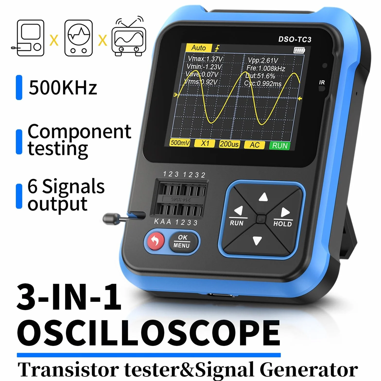 Jadeshay Oscyloskop cyfrowy, DSO-TC3 przenośny zestaw oscyloskopu ręcznego 3 w 1, cyfrowy tester tranzystorowy oscyloskopu, generator sygnału