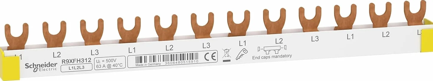 Schneider Electric Szyna fazowa widelec Resi9, 3-biegunowy, 12TE, 63 A, możliwość skrócenia, numer artykułu R9XFH312