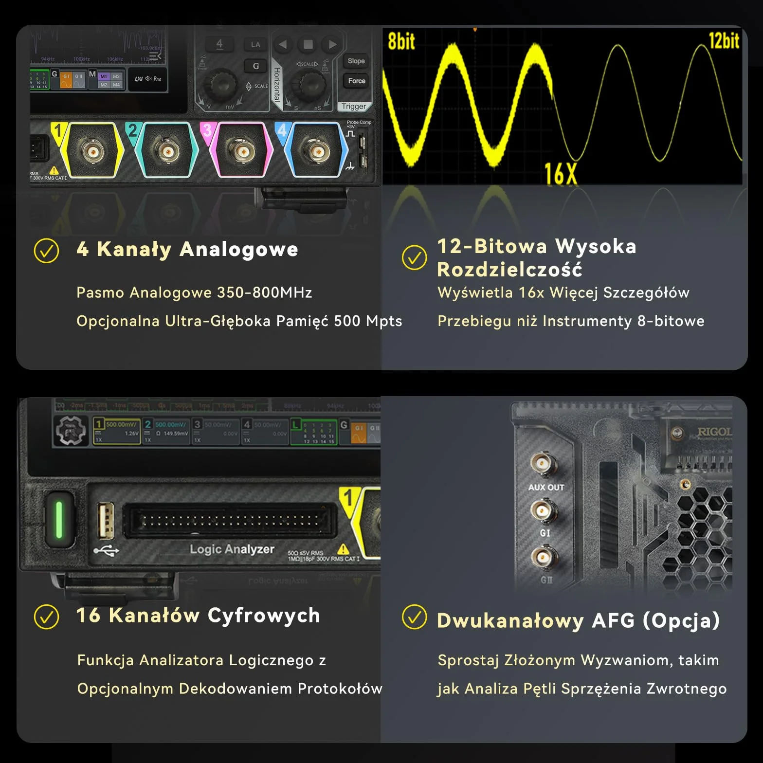 RIGOL MHO984 Oscyloskop Cyfrowy, 800MHz, 4GSa/s, 12-bit, 4+16 Kan, Wi-Fi & Bluetooth, Zasilanie Type-C, Opcjonalny AFG, bez dodatkowych kosztów, Ultra-przenośny