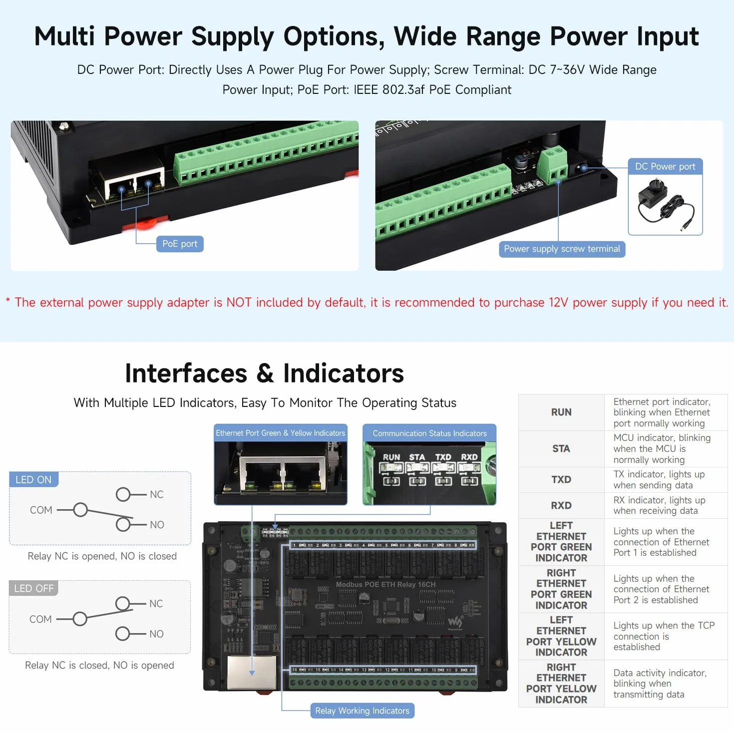 Waveshare 16-Ch Ethernet Relay Module Modbus RTU/TCP PoE Industrial Rail-Mount
