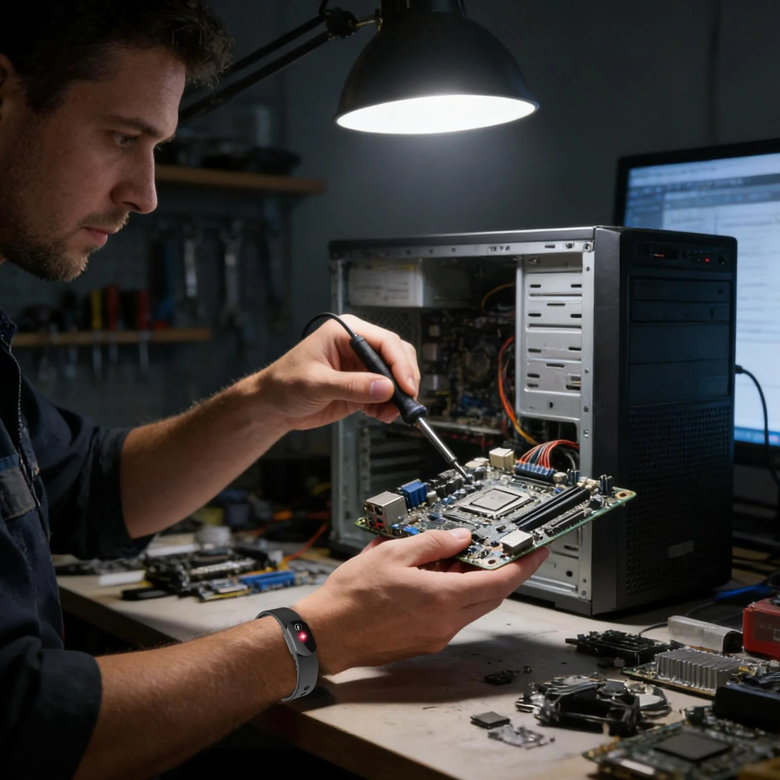 Bezprzewodowa antystatyczna opaska na nadgarstek, inteligentny pasek do wyładowań elektrostatycznych, 24 x 0,59 cm, regulowana silikonowa bransoletka ABS do naprawy komputera, technik