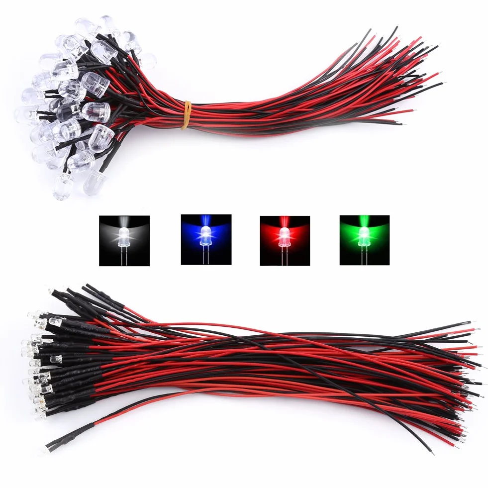 50Pcs 3/5/10mm Pre-Wired Round Water Clear Emitting Diode LED Lights DC 9-12V (White Light-5mm)