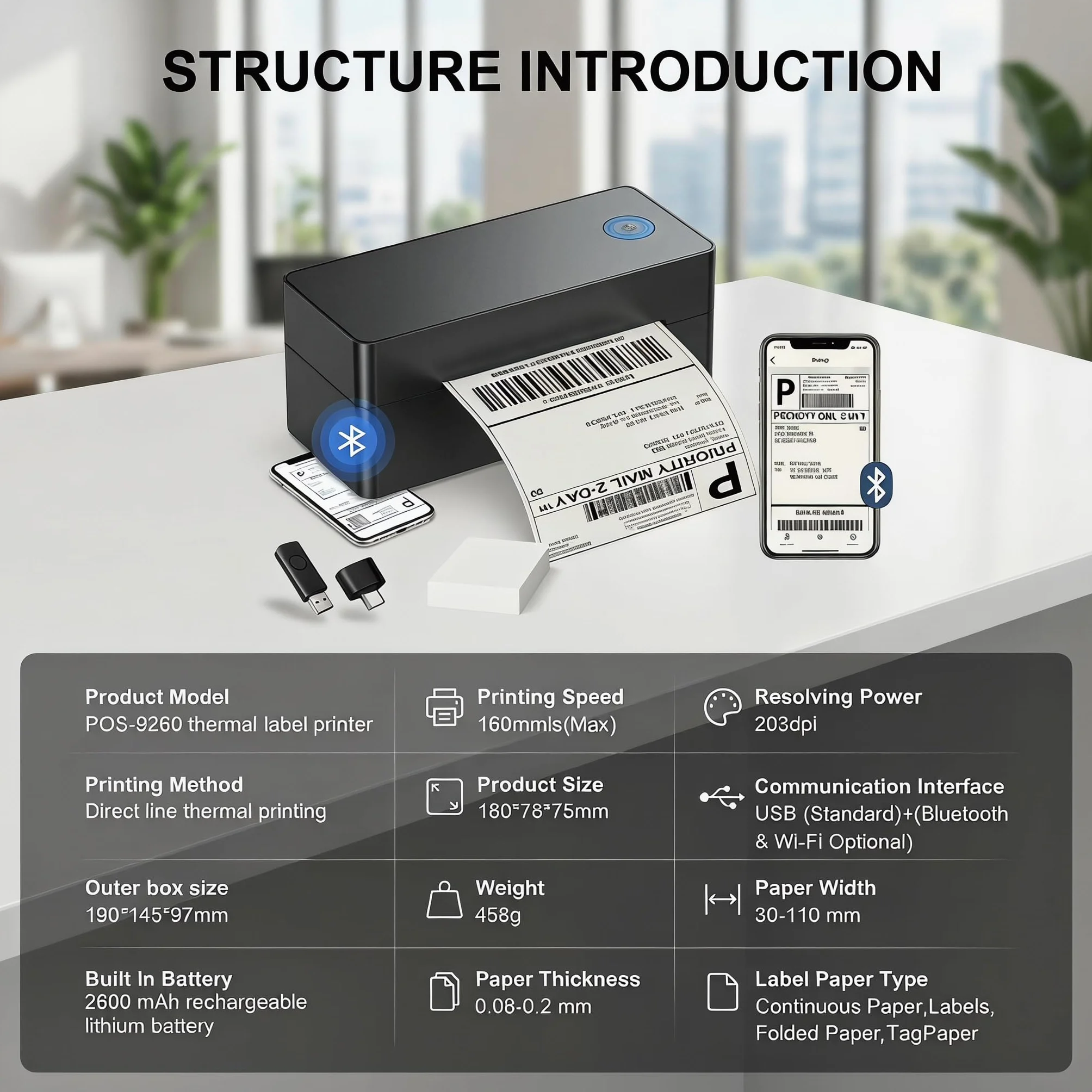 Drukarka etykiet Bluetooth 4x6 (100x150mm), termiczna drukarka do etykiet wysyłkowych DHL, Amazon FBA i Shopify, w zestawie: stojak, pendrive (sterownik) i 30 etykiet, kompatybilna z iOS/Android